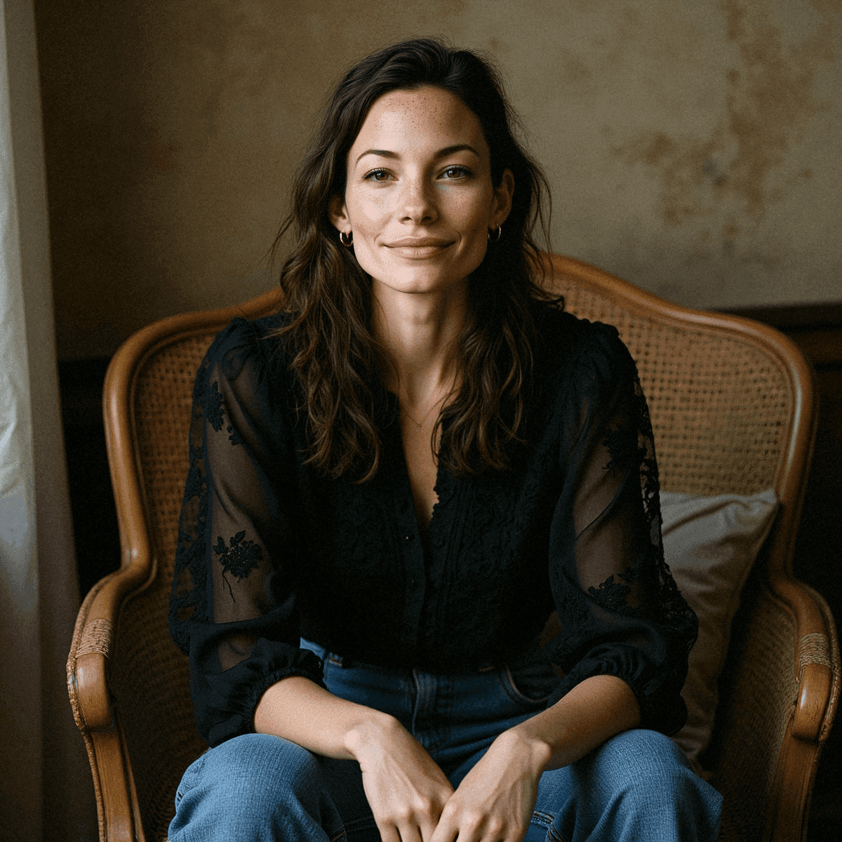 Woman in Black Lace Blouse Seated