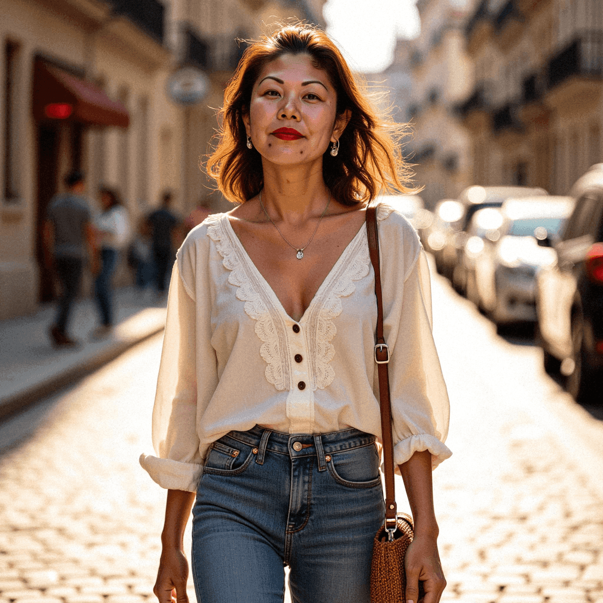 Woman Walking Confidently Down Cobblestone Street