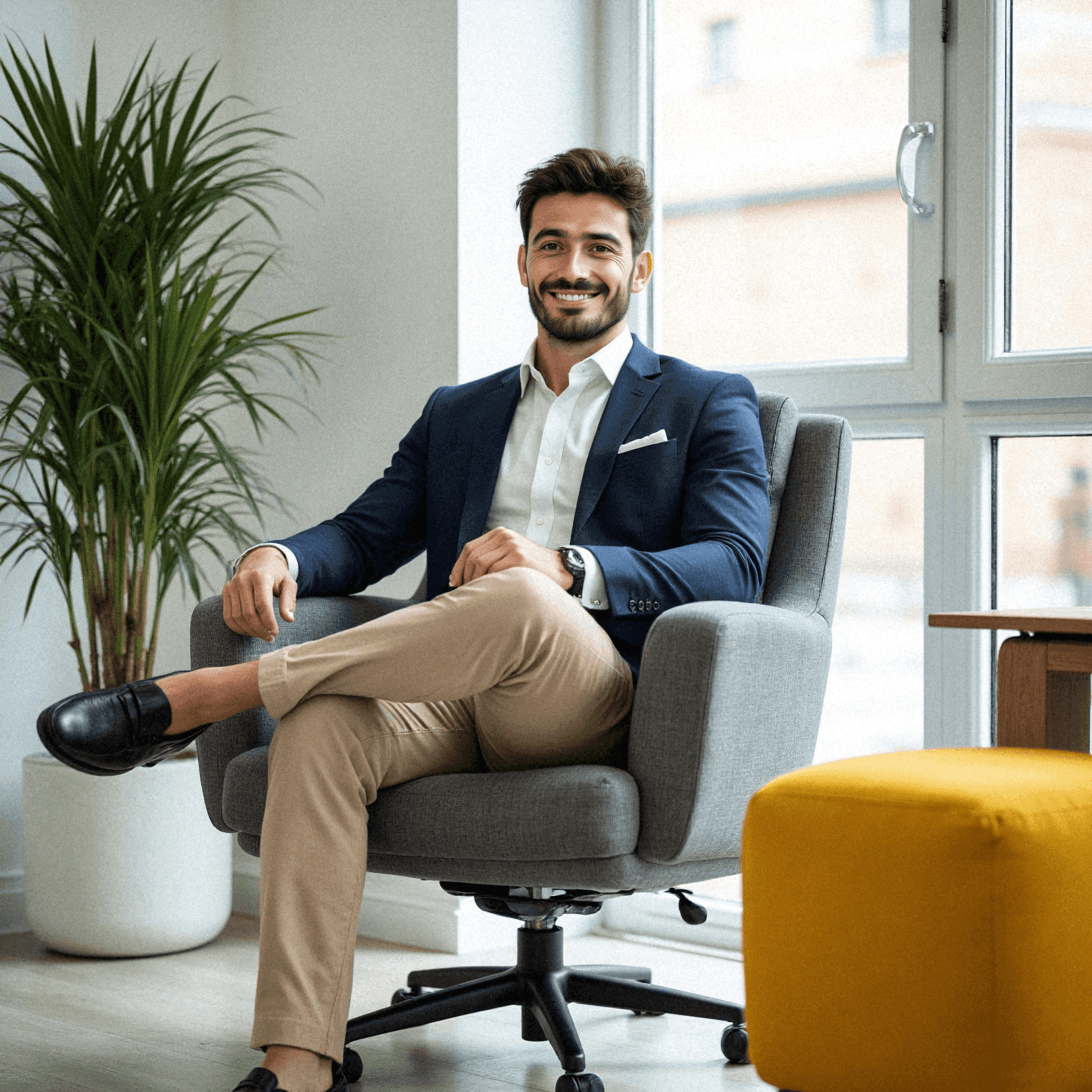 Man in Navy Blazer and Khaki Pants