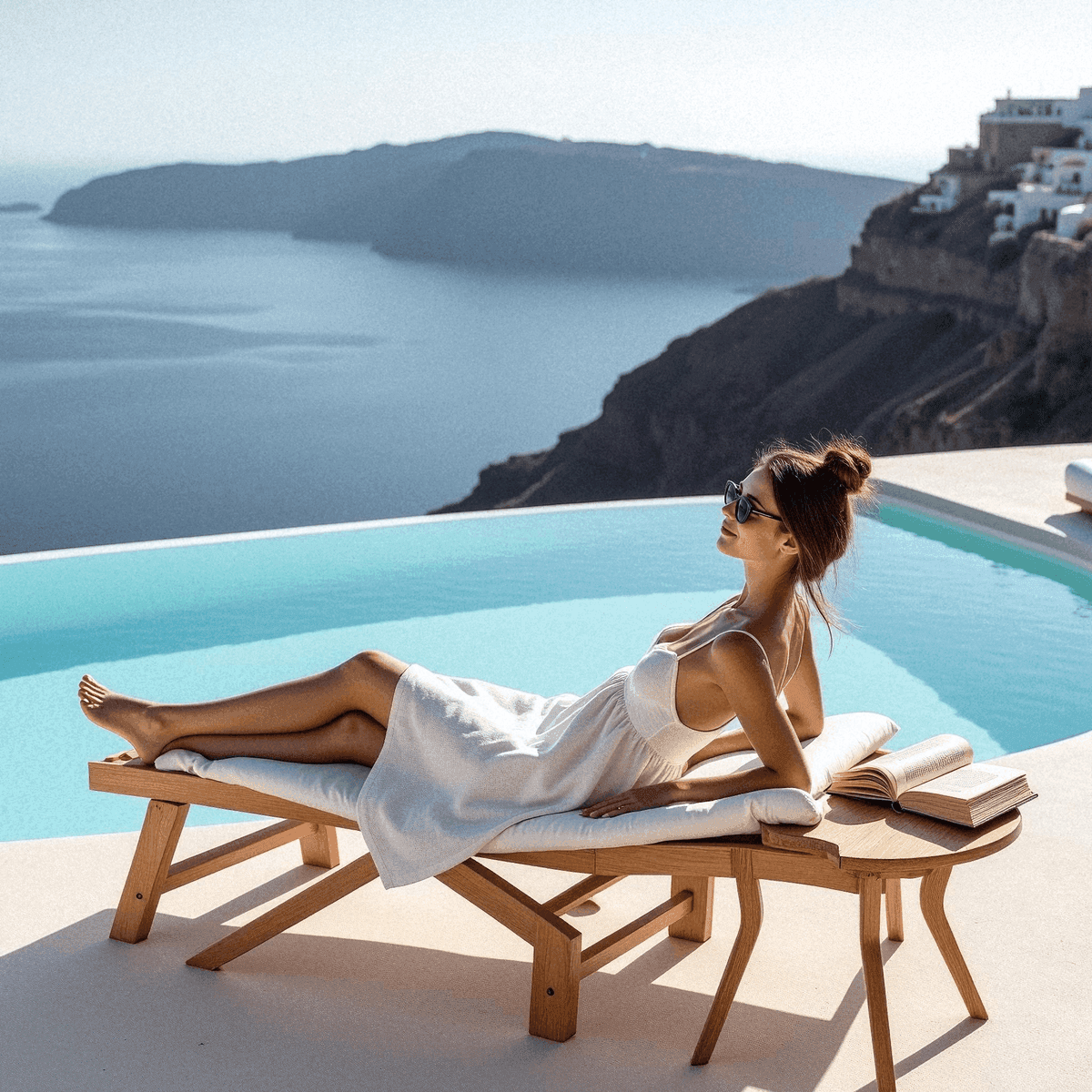 Woman relaxing by infinity pool in Santorini