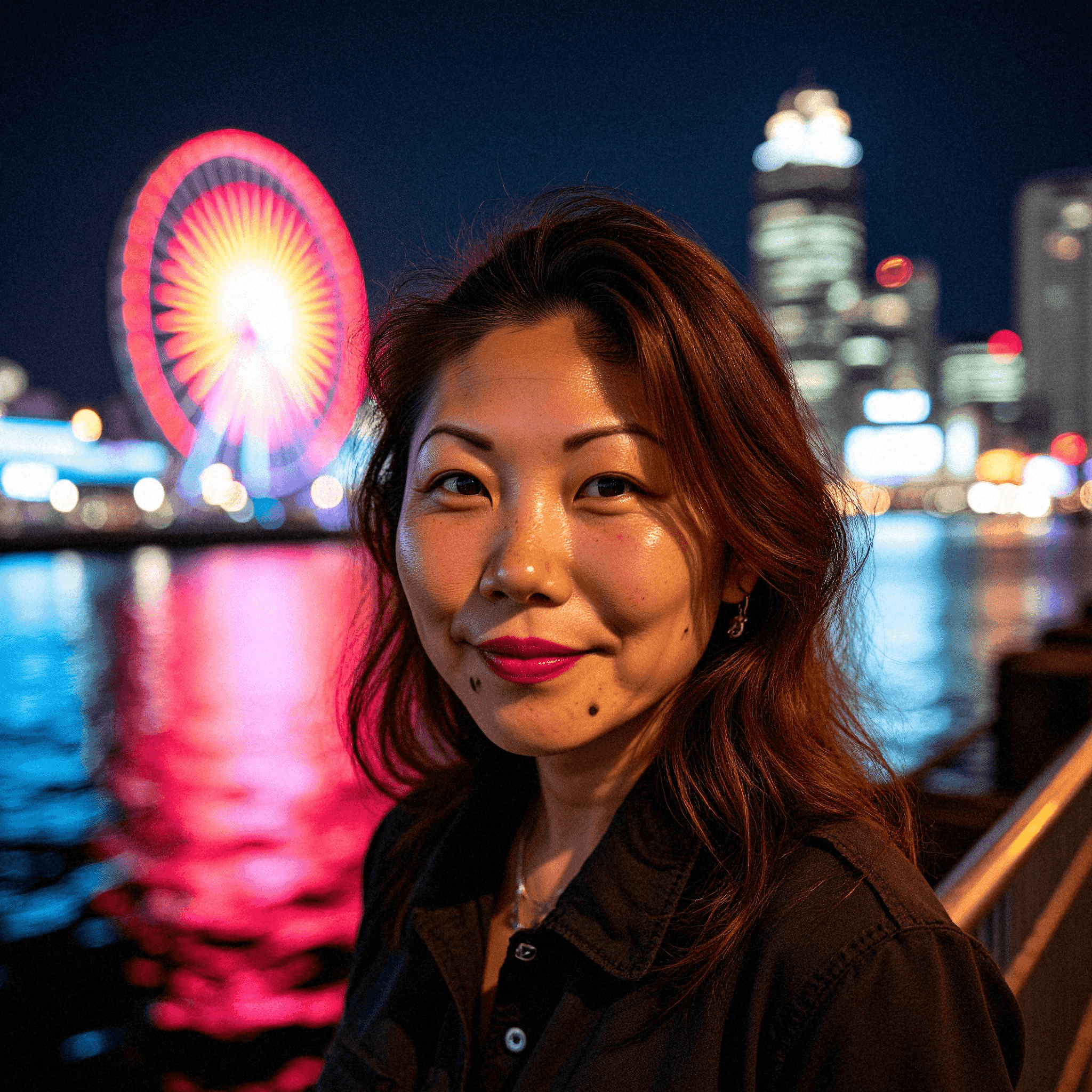 Woman standing by Darling Harbour at night