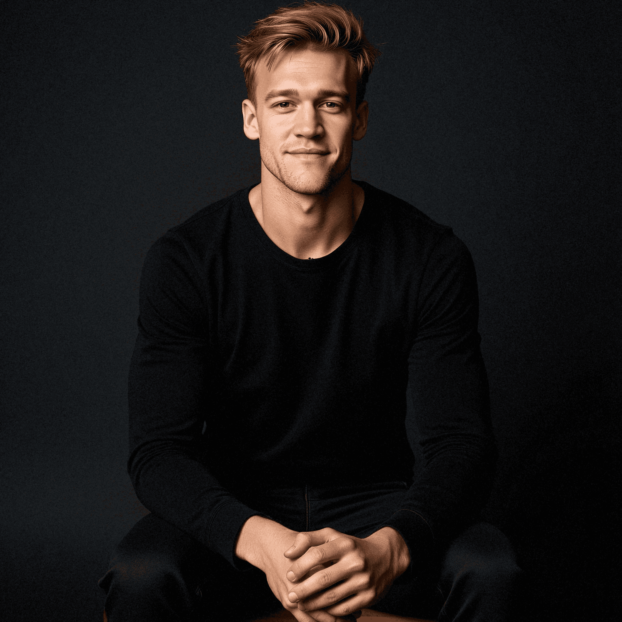 Blonde man in black on dark backdrop