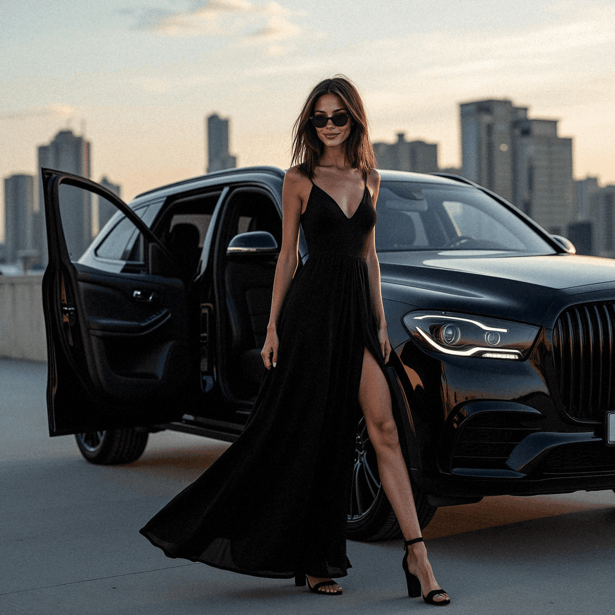 Woman in Black Dress Near Luxury SUV