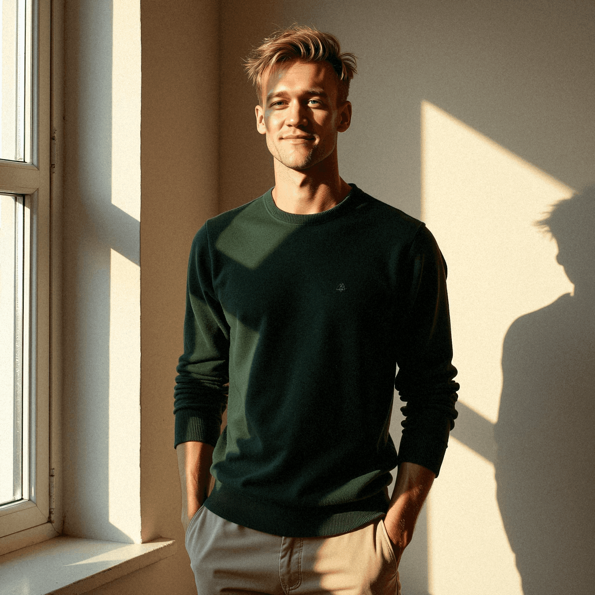 Man in Sunlit Room with Contemplative Look