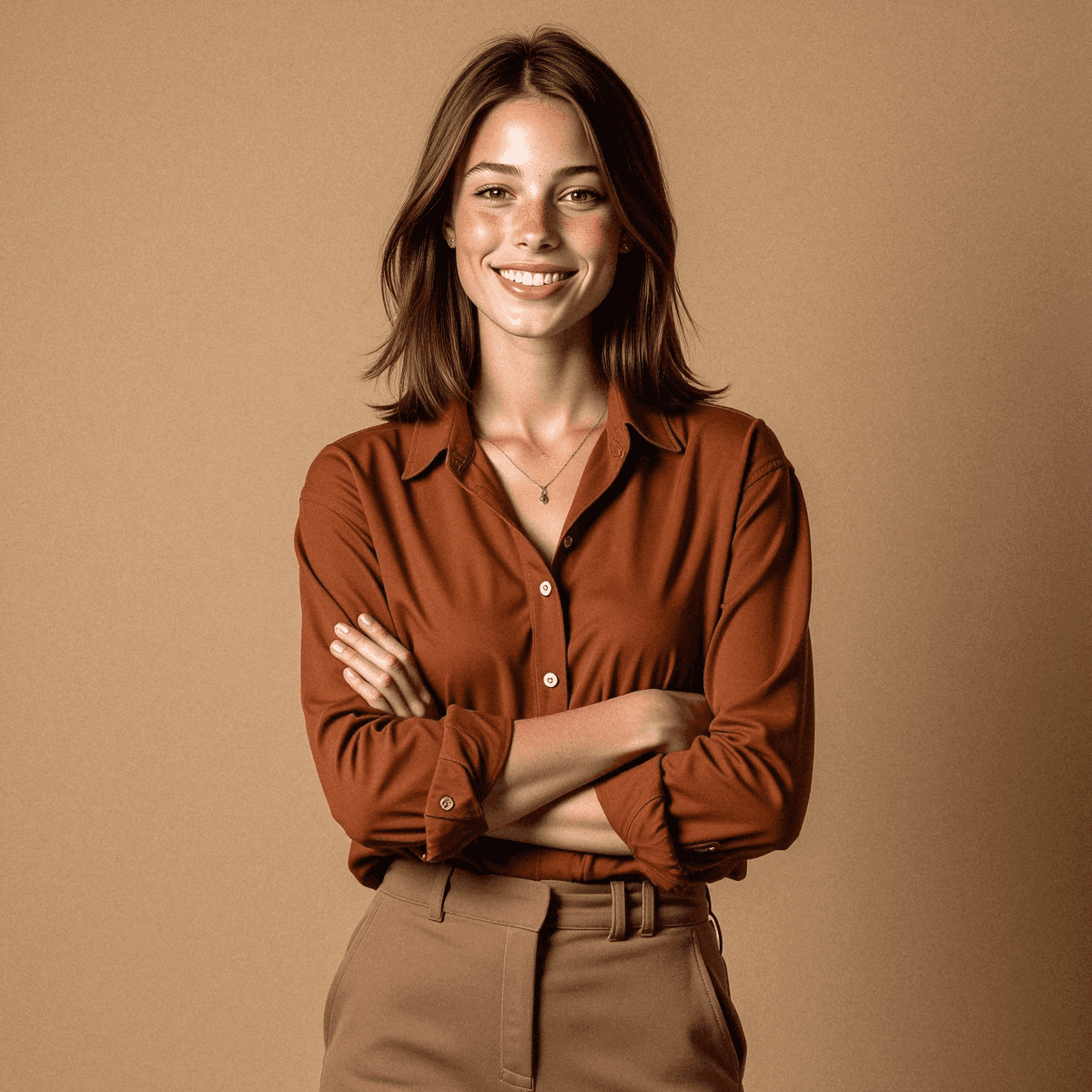 Woman in Rust Blouse with Light Smile