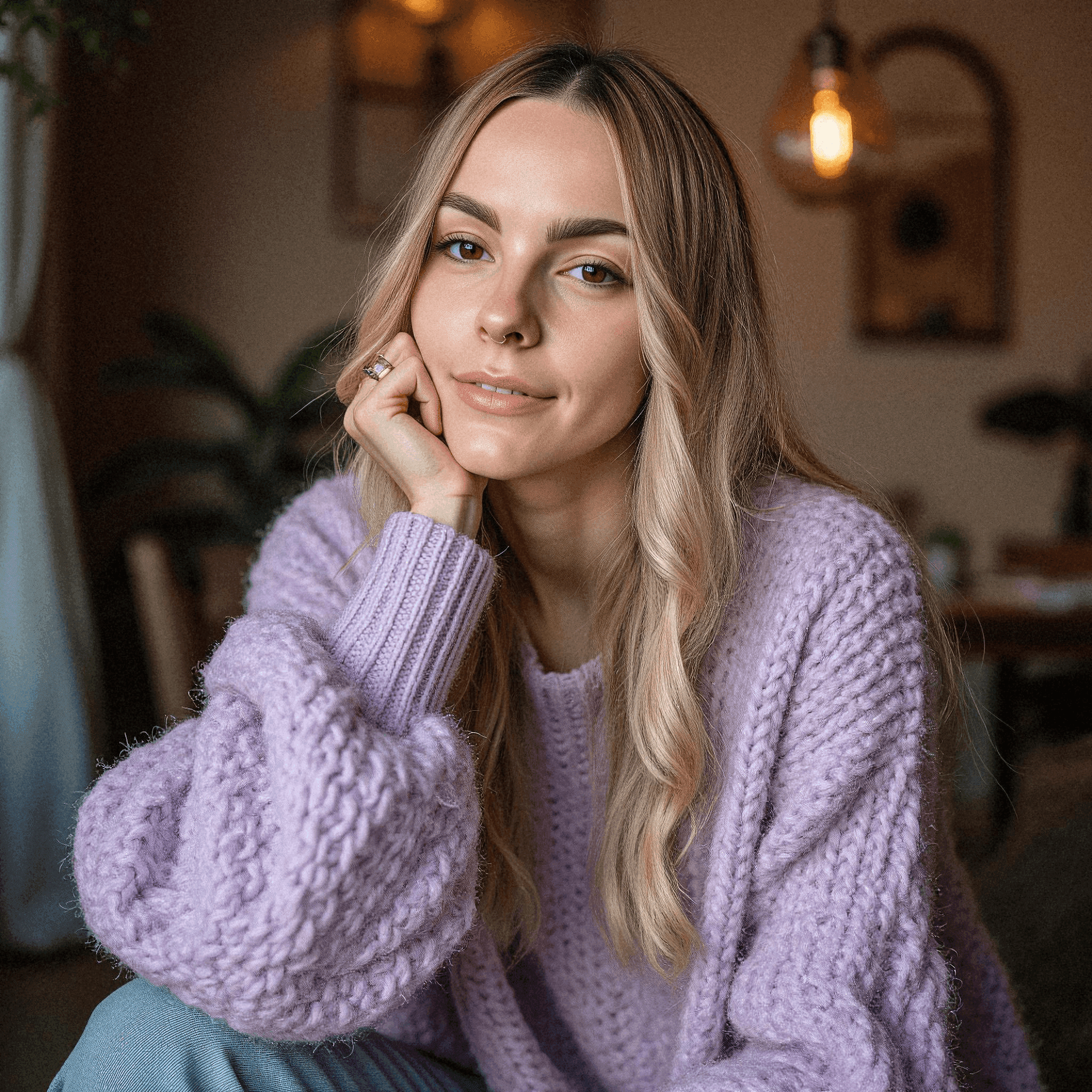 Woman in Lavender Sweater Posing Casually