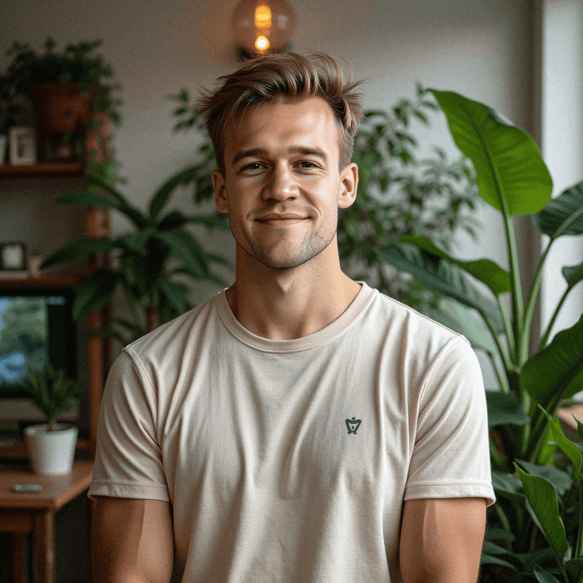 Smiling man in cozy plant-filled office