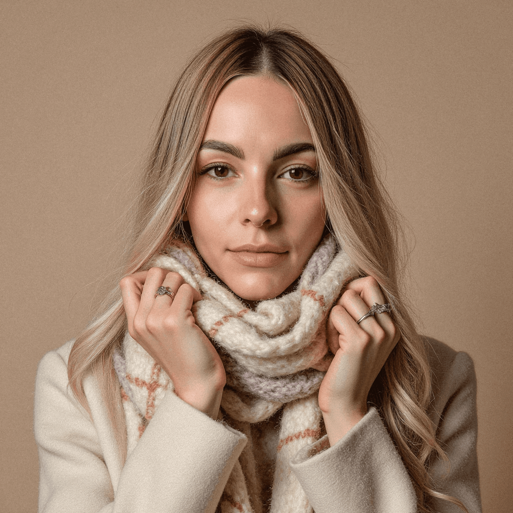 Woman in Cozy Plaid Scarf