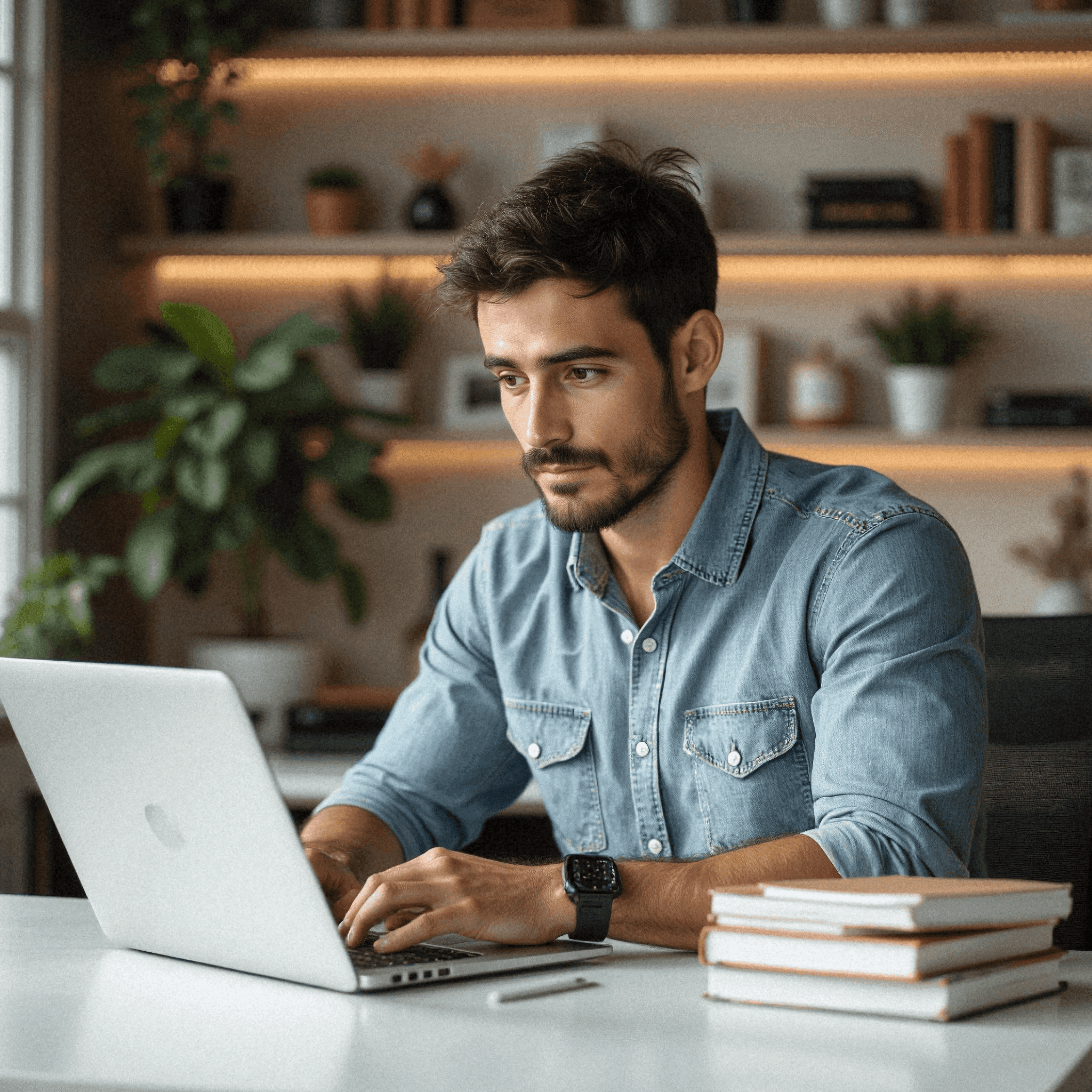Man in Denim Working at Modern Desk