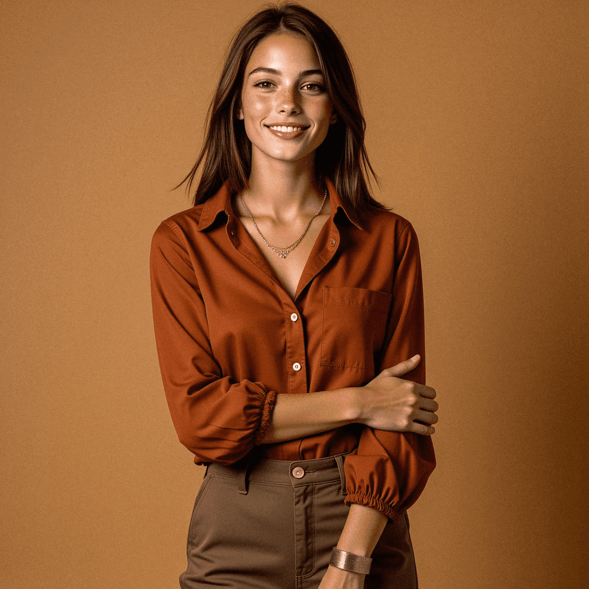 Woman in cinnamon blouse with relaxed posture