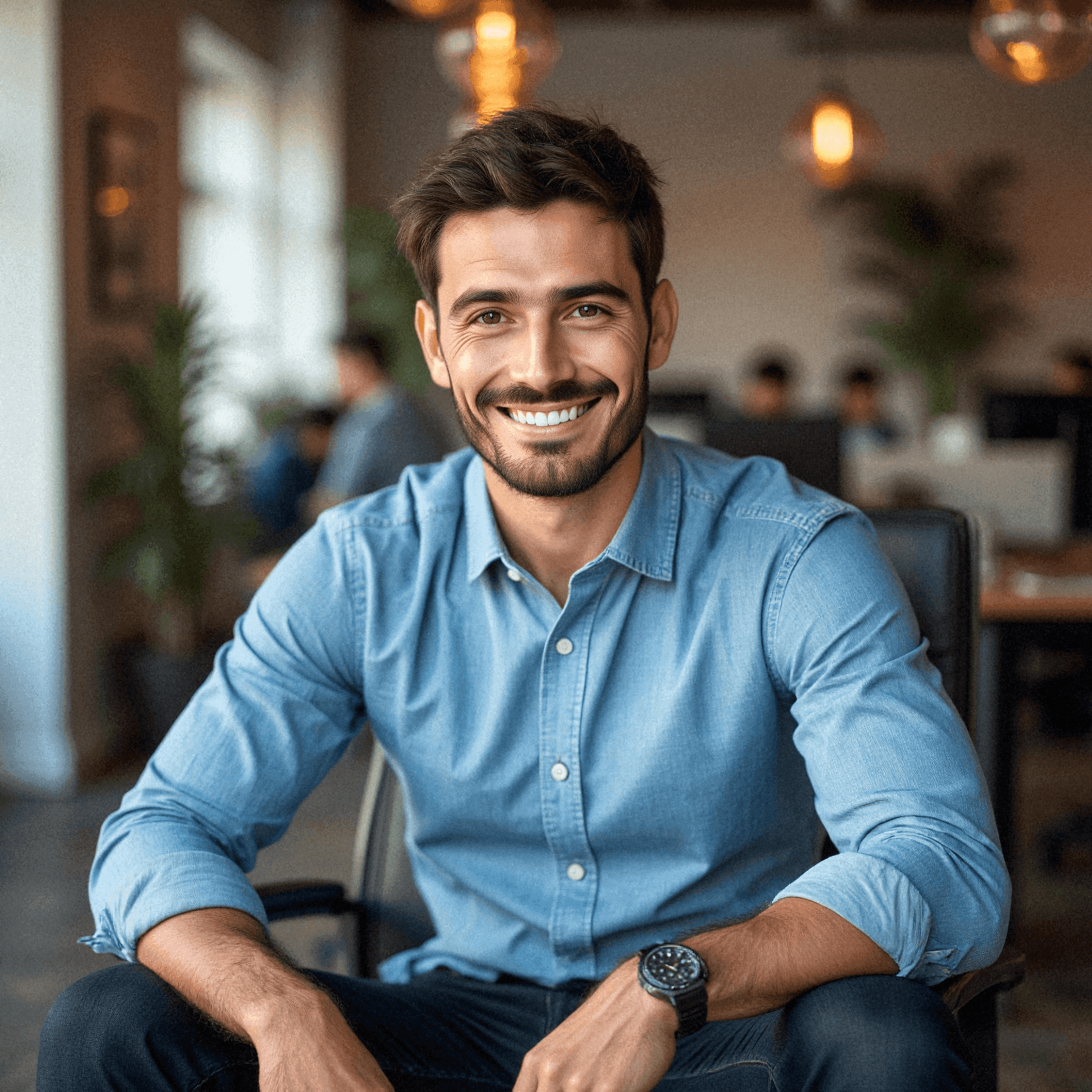 Smiling man in blue shirt at office