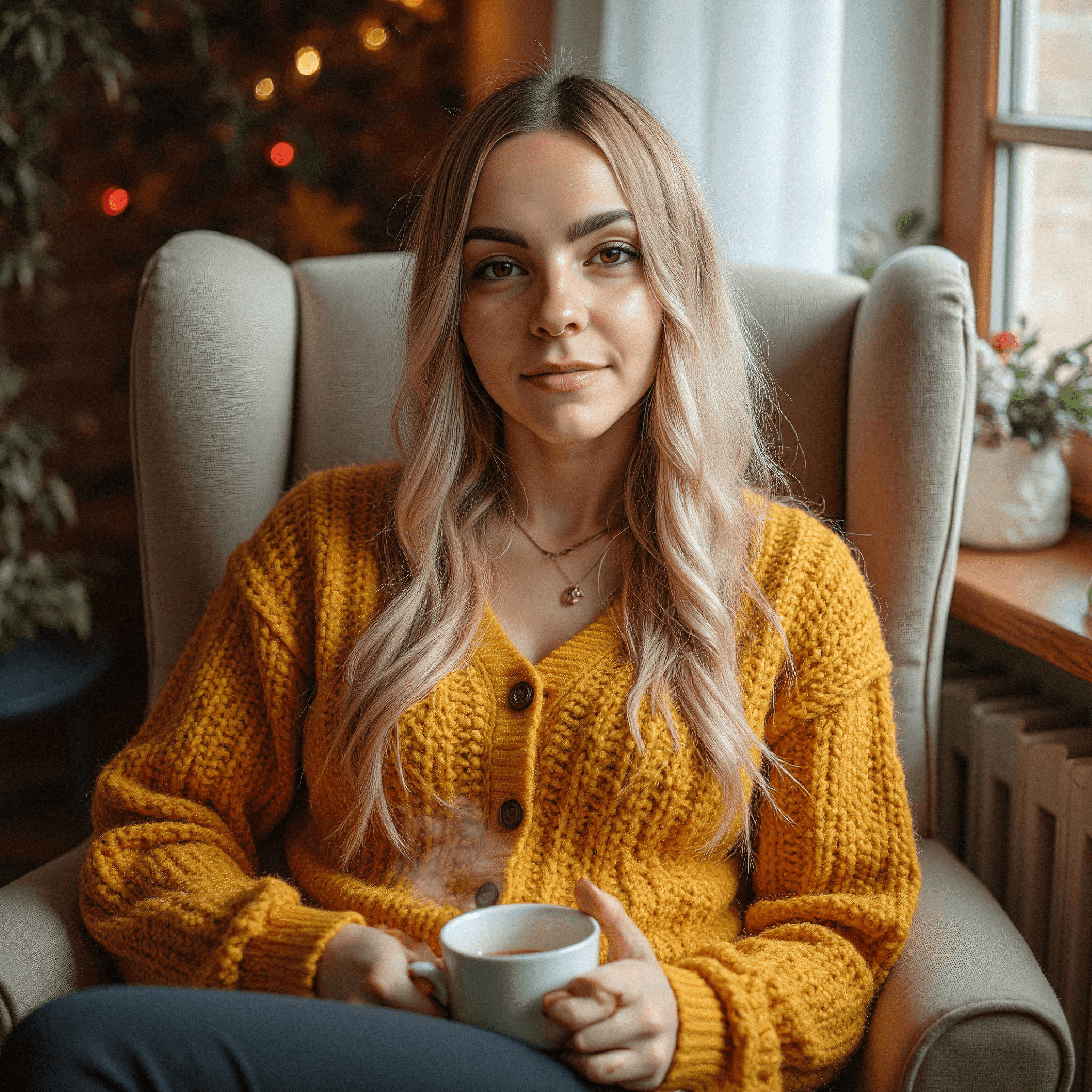 Woman in Yellow Sweater with Tea