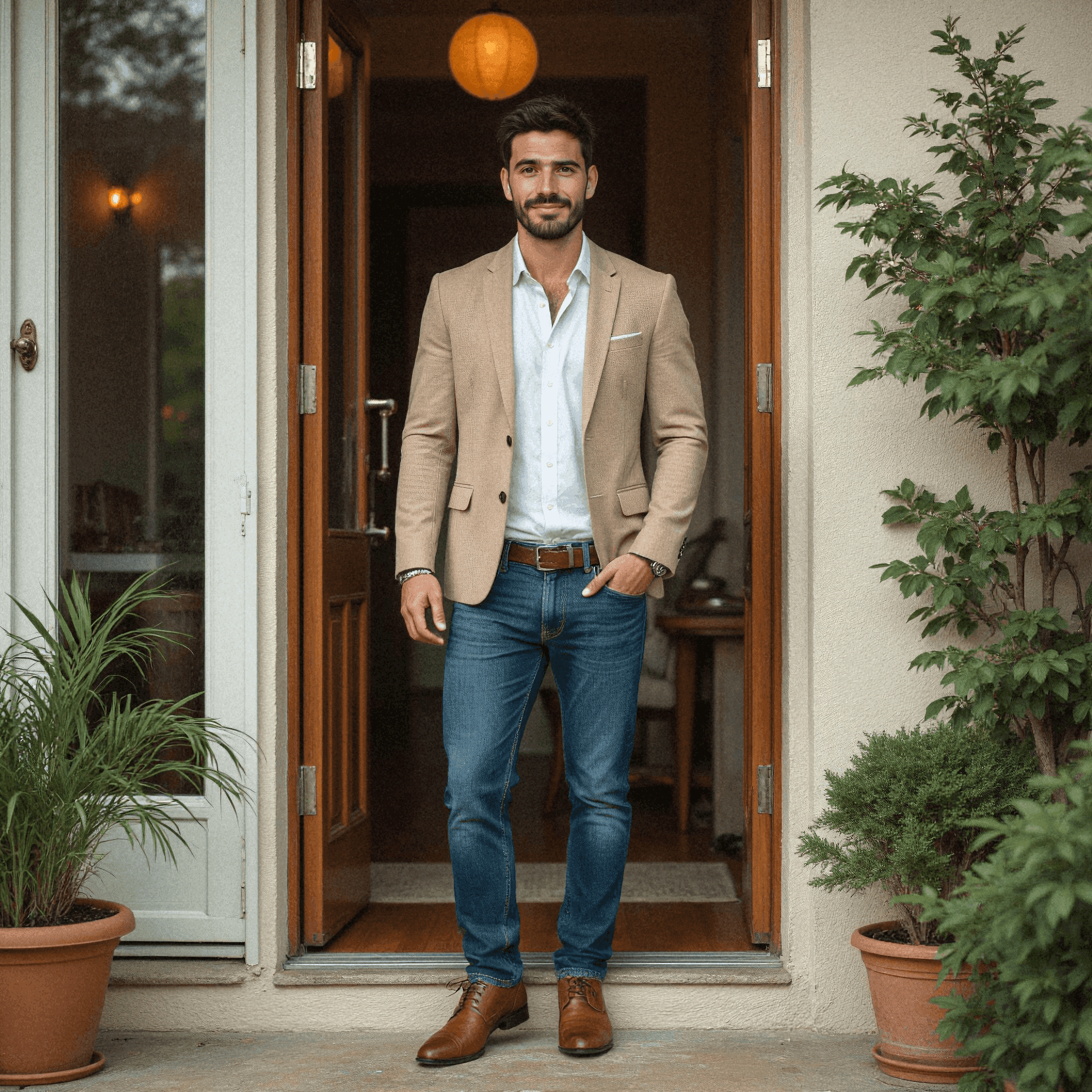 Stylish man in beige blazer by doorway