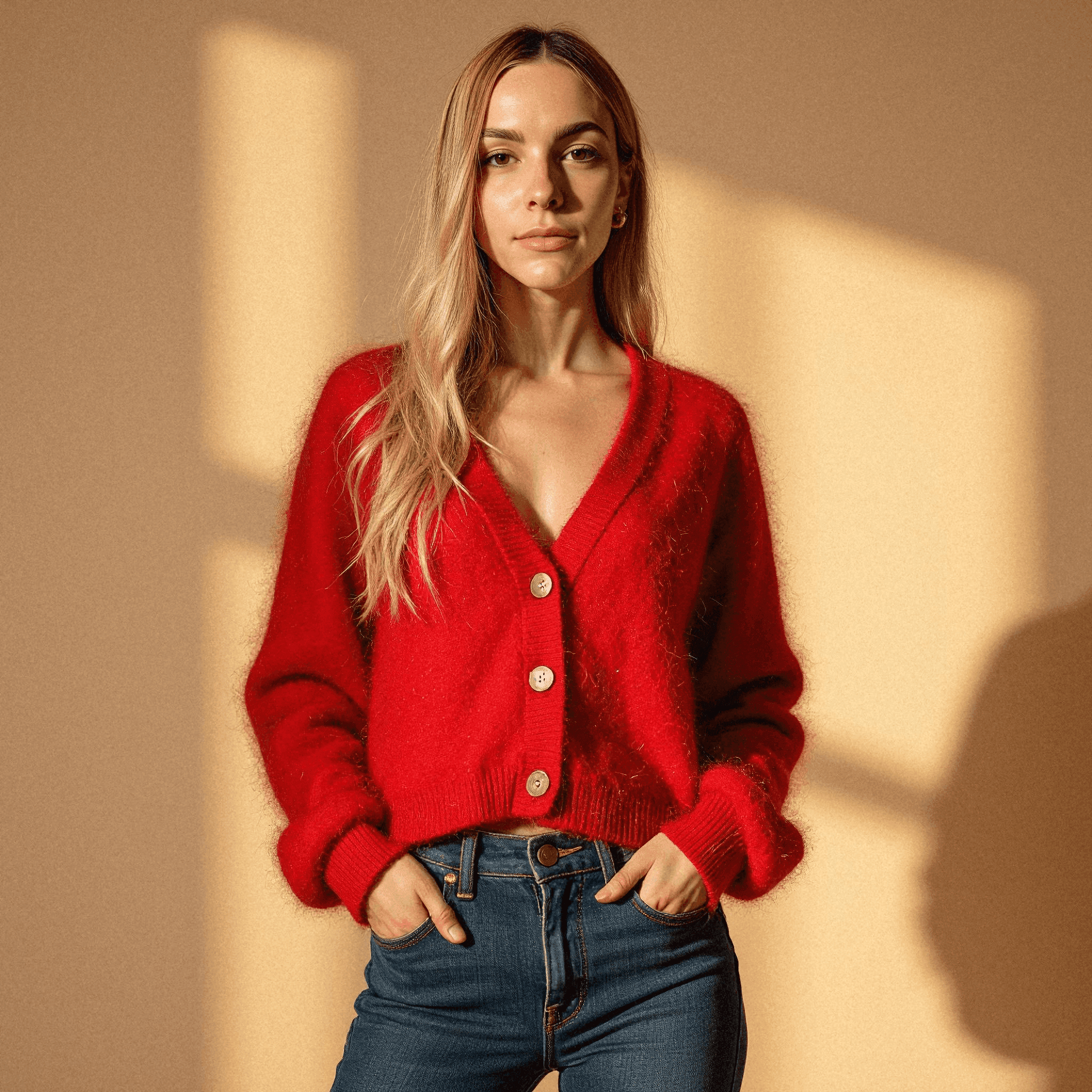 Woman in Red Cardigan with Soft Lighting