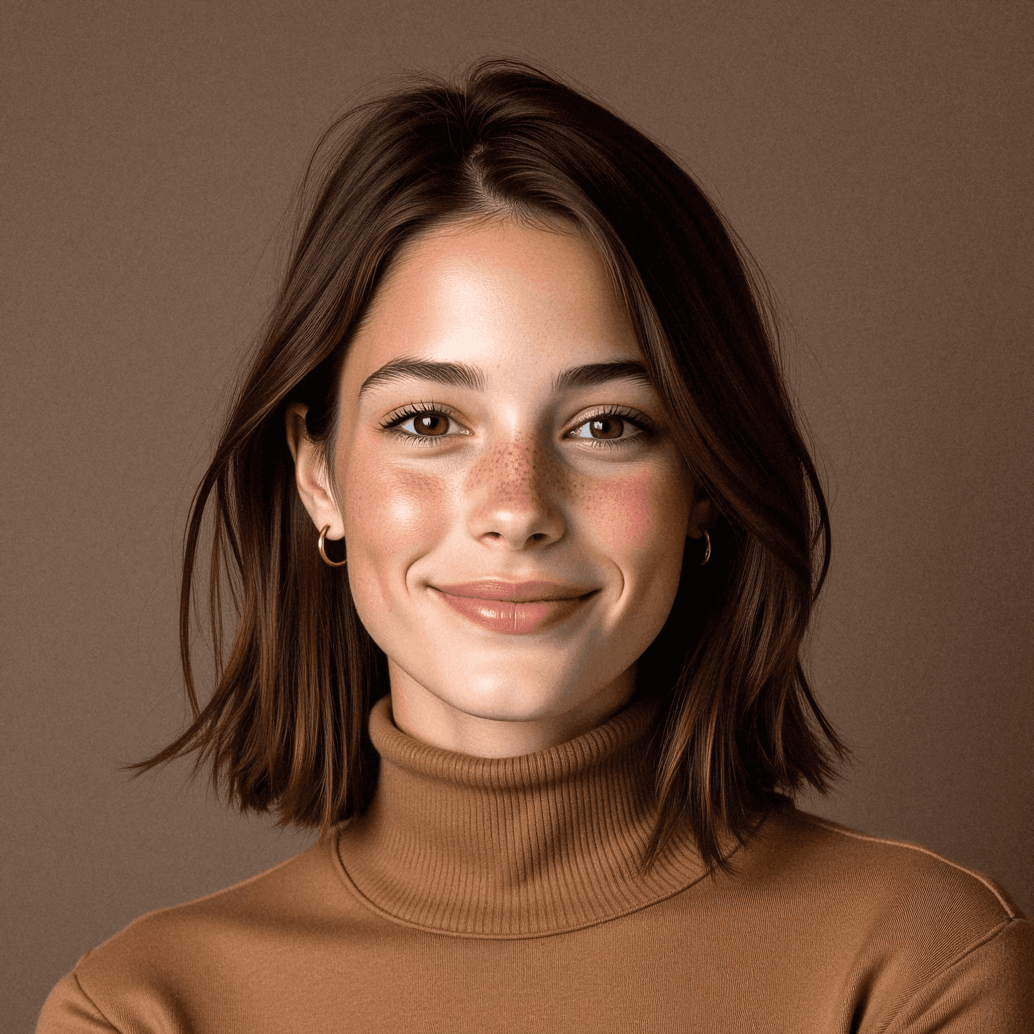 Woman in Camel Turtleneck Smiling