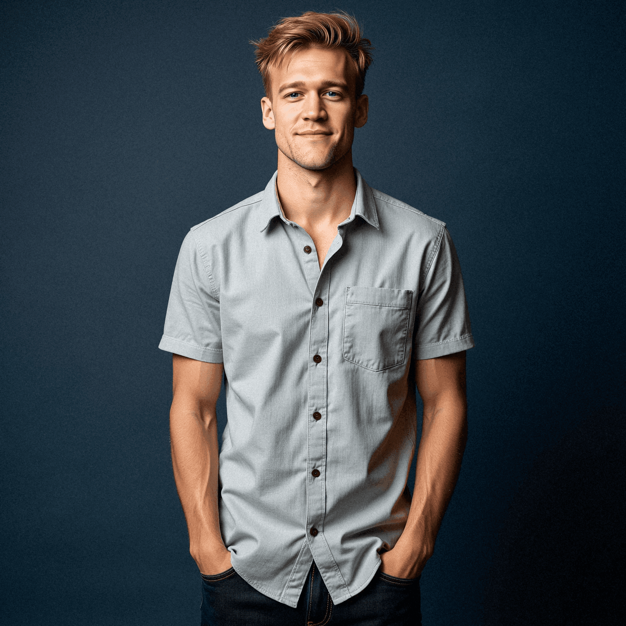 Stylish man in gray shirt against navy
