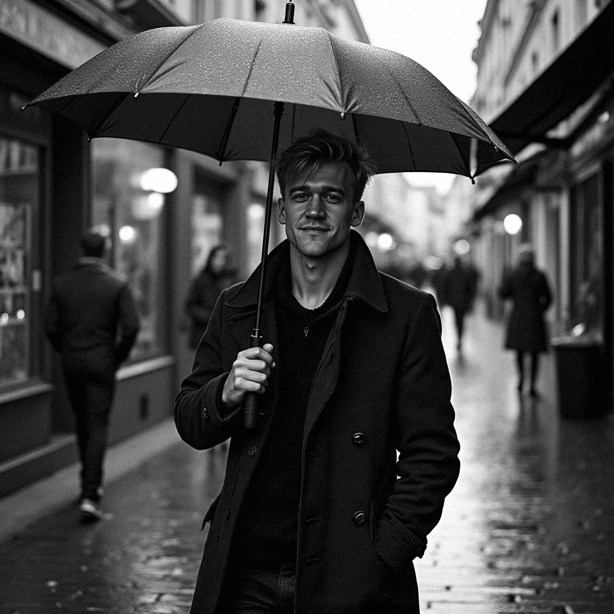 Man walking under umbrella in Le Marais