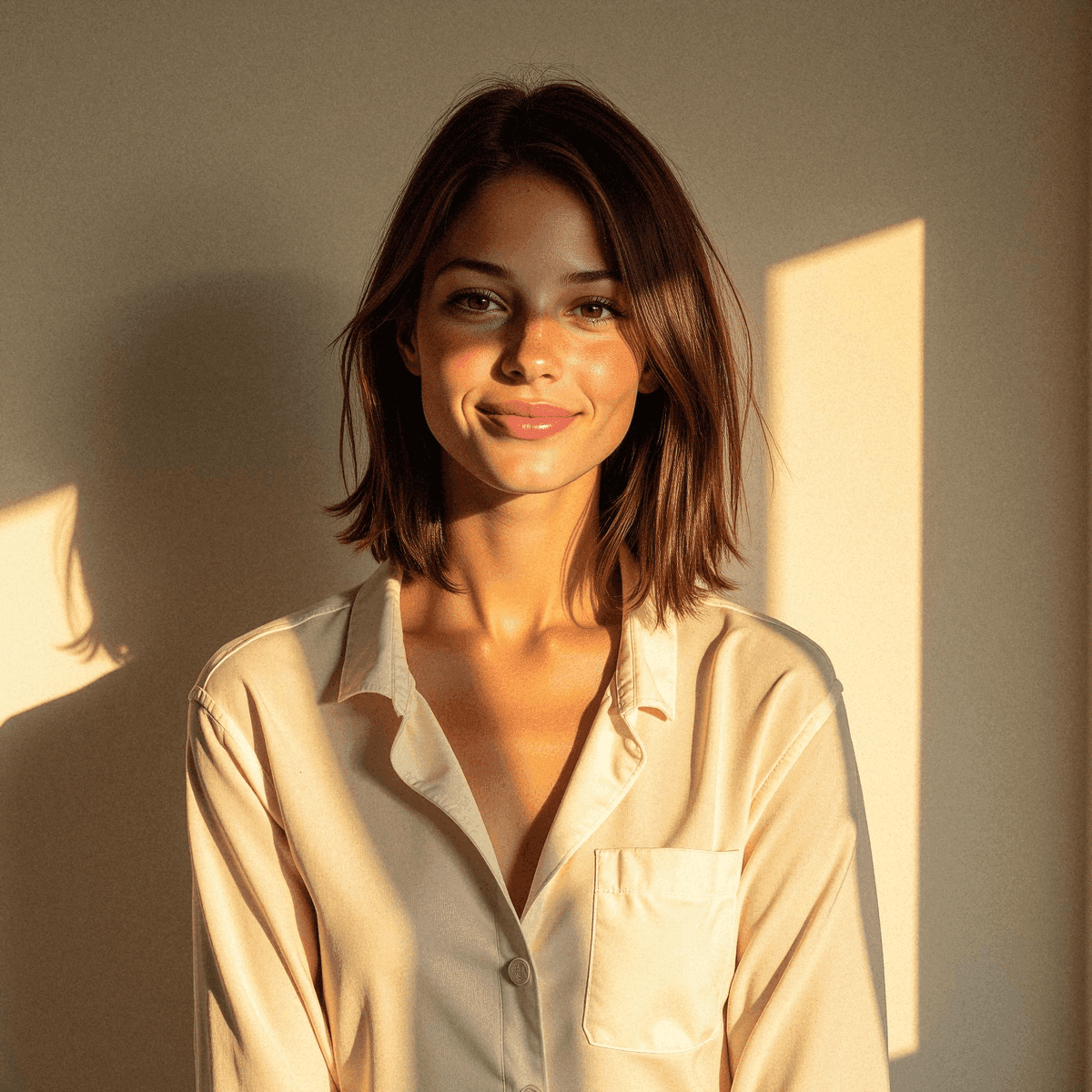 Woman in Golden Light with Composed Expression