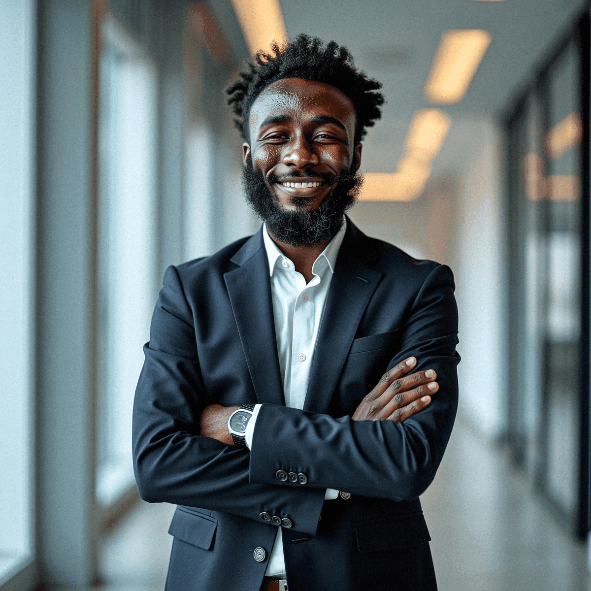 Smiling man in a modern office corridor