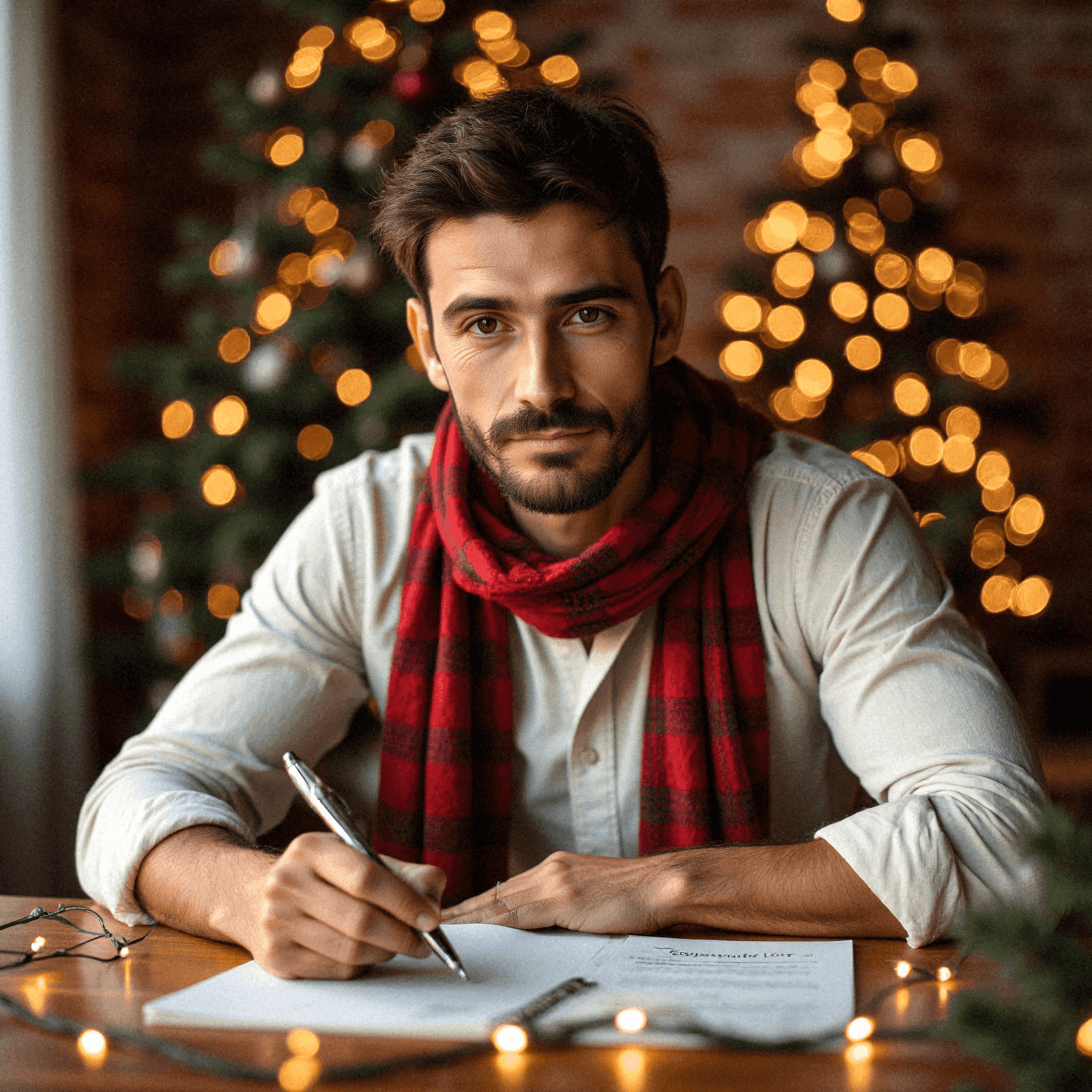 Man Writing Christmas Cards by Twinkling Lights