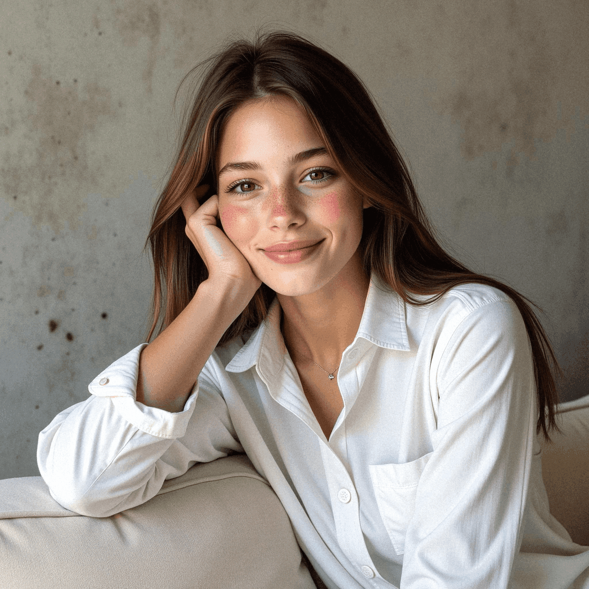 Relaxed woman in white shirt posing calmly