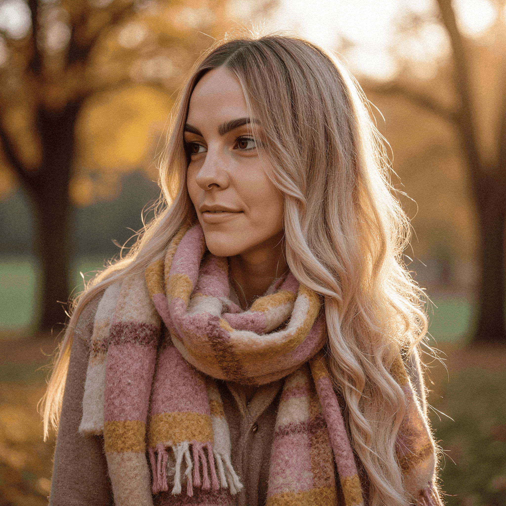 Woman in Cozy Autumn Wool Blanket Scarf