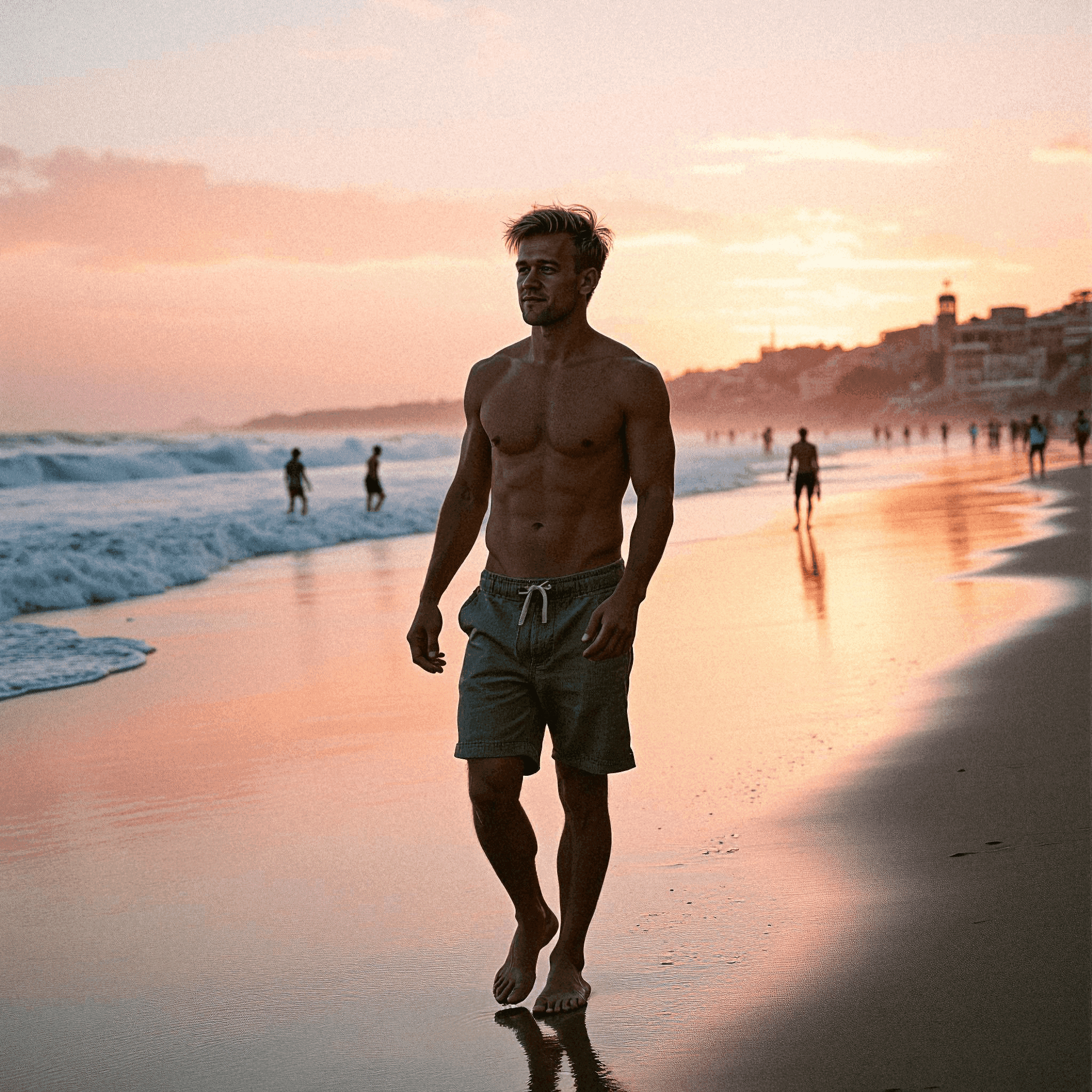 Man walking on beach at sunrise