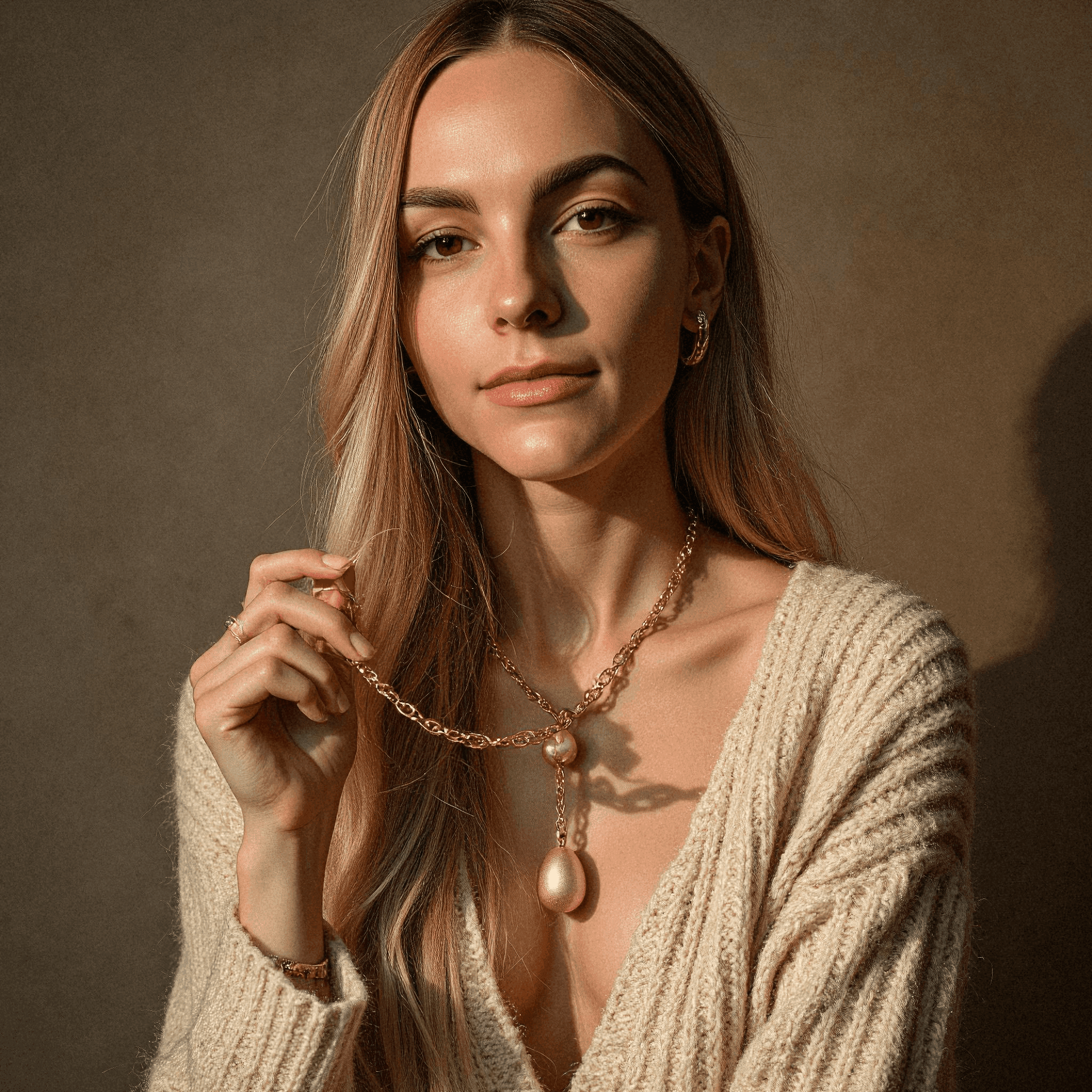Woman showcasing gold pendant in wool sweater