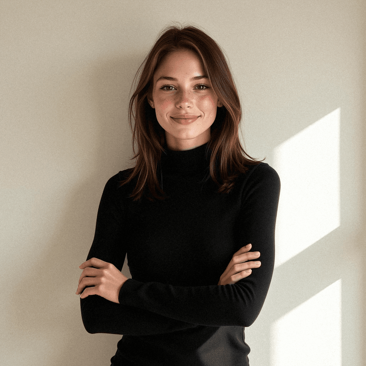 Calm woman in black turtleneck