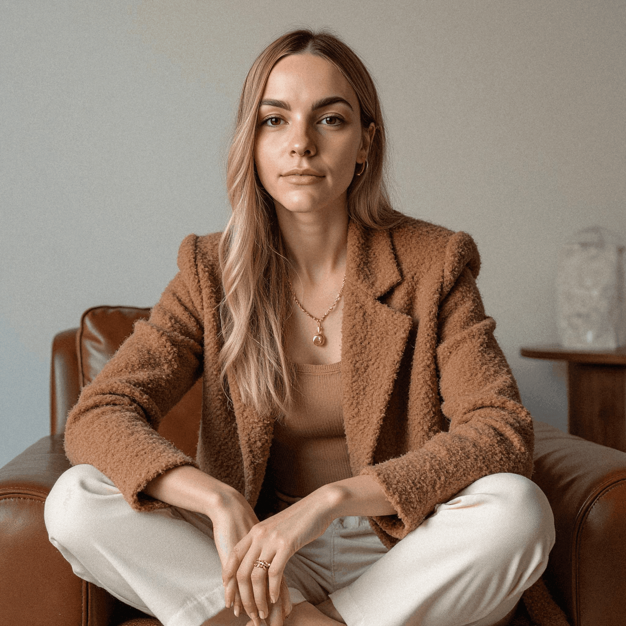 Woman in Brown Cardigan Sitting Cross-Legged