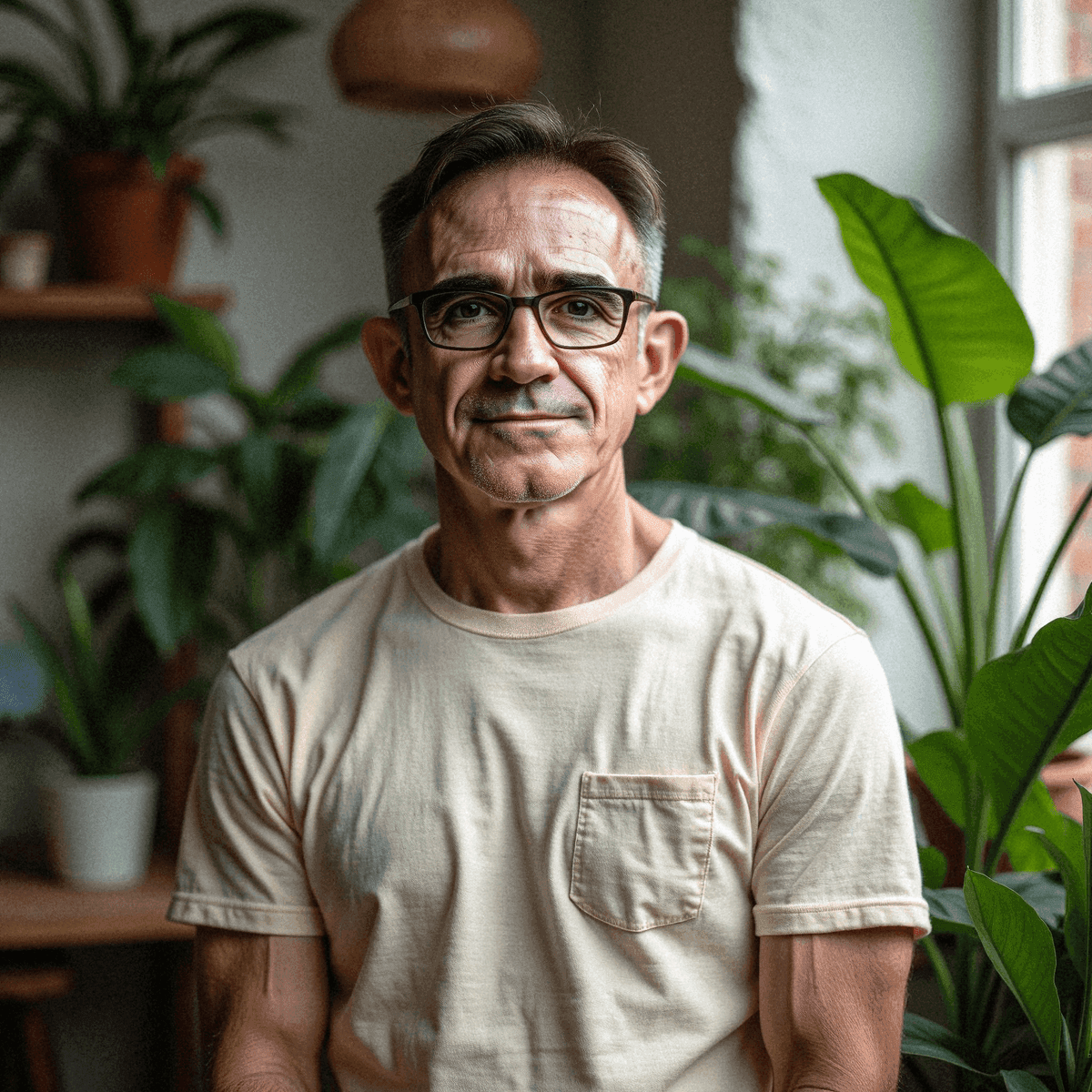 Man in Cozy Office Surrounded by Plants