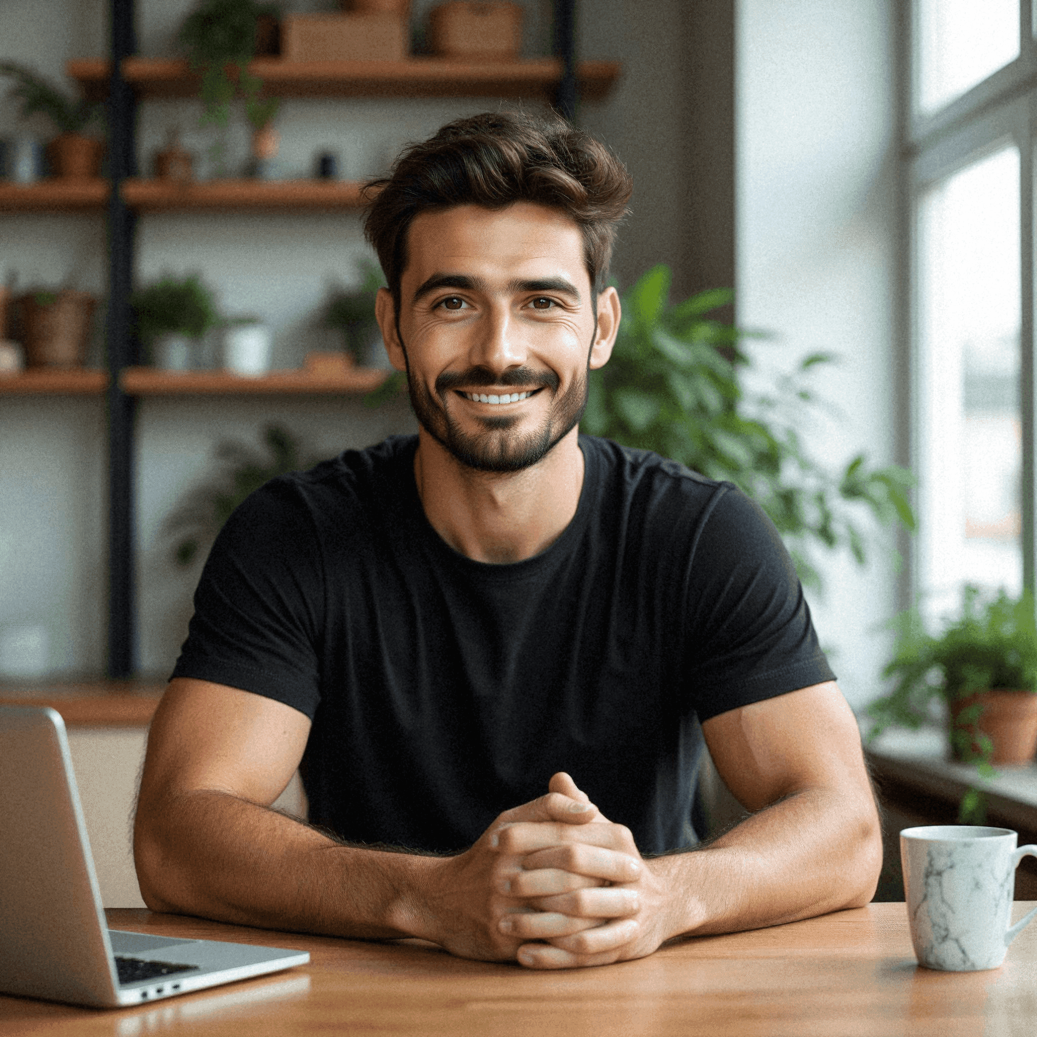 Man in modern office with laptop, mug