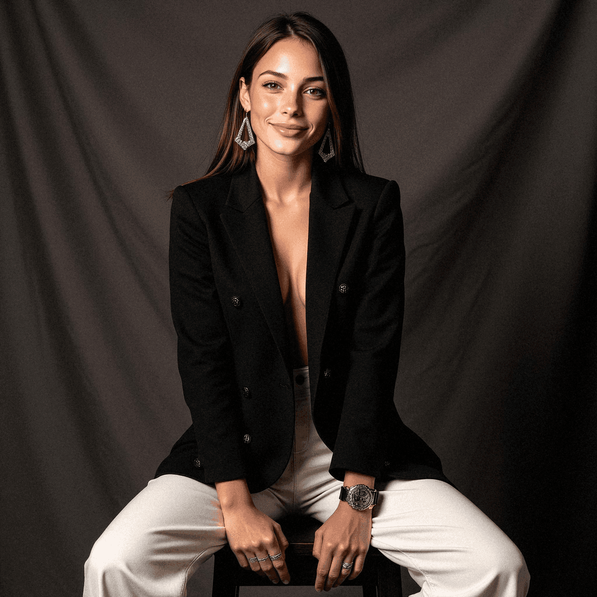 Stylish woman in black blazer and earrings