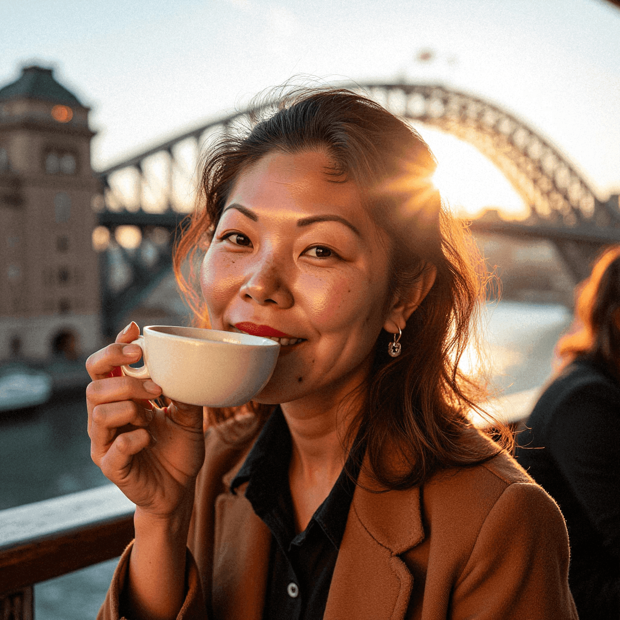 Woman enjoying coffee with Harbour Bridge view