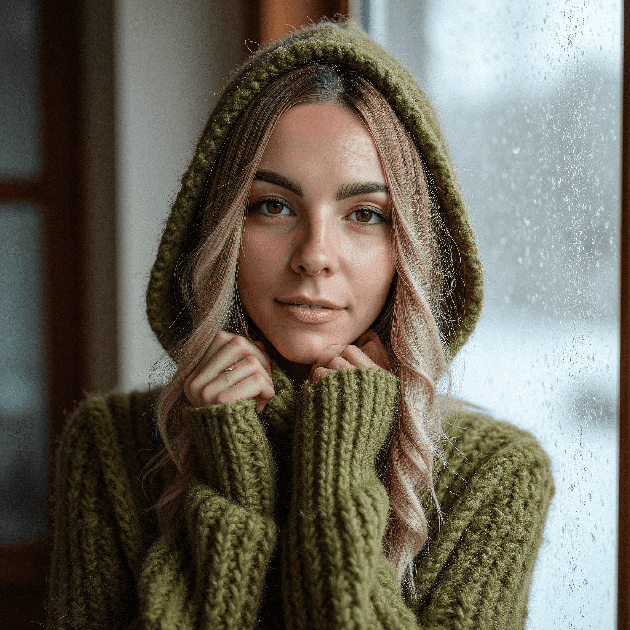 Woman in Olive Knitted Sweater by Window