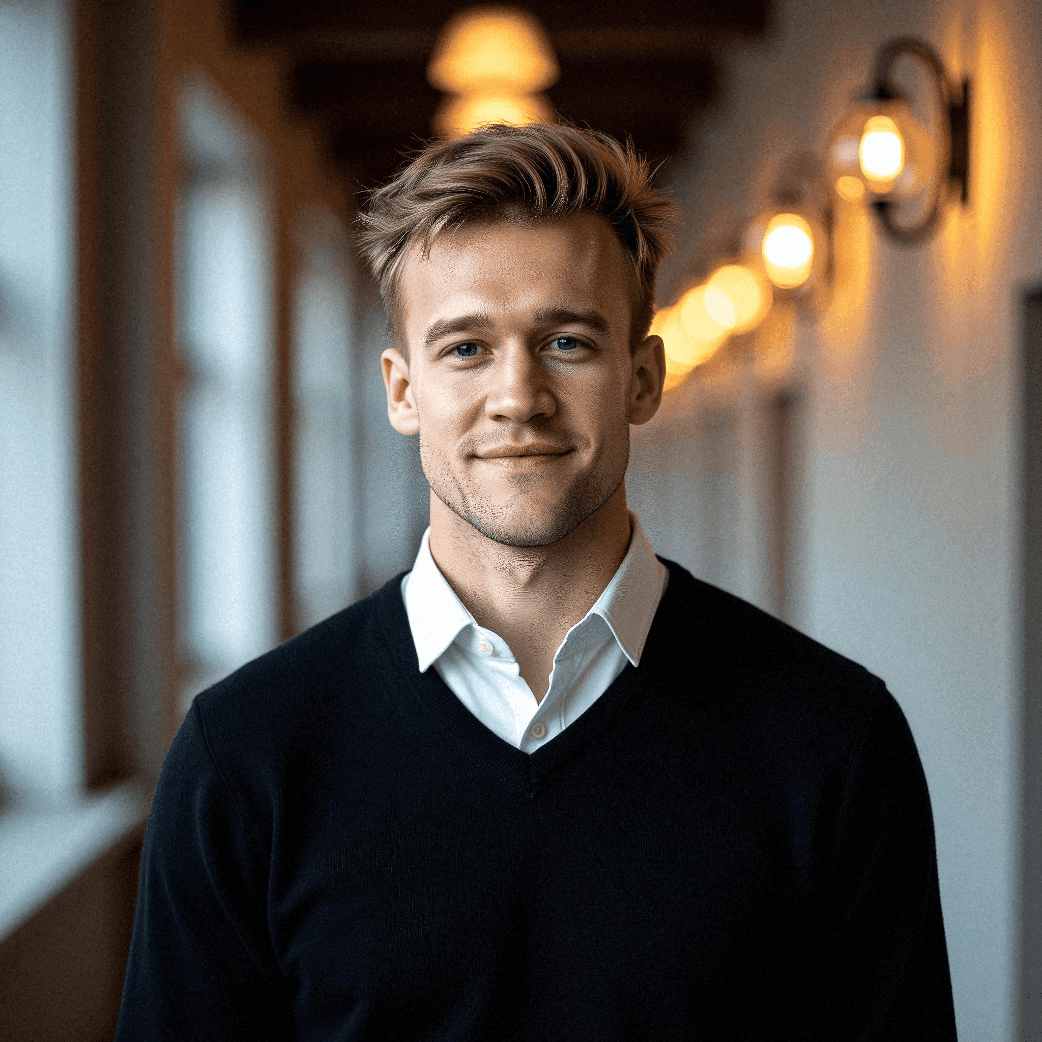 Confident man in modern hallway