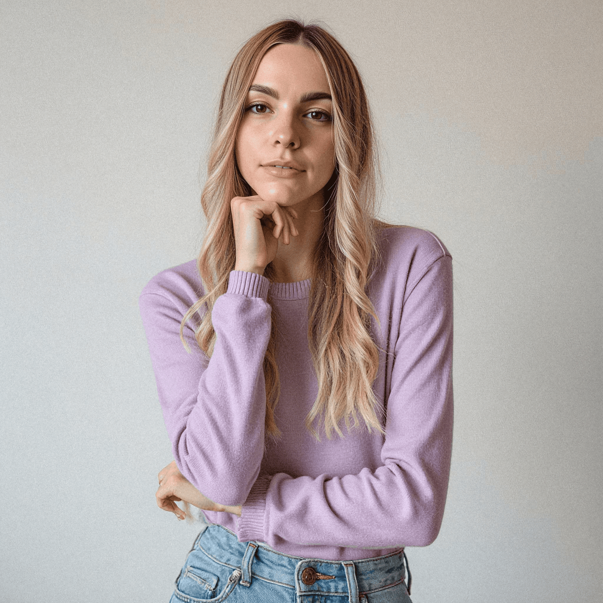 Woman in Lilac Sweater Posing Dreamily