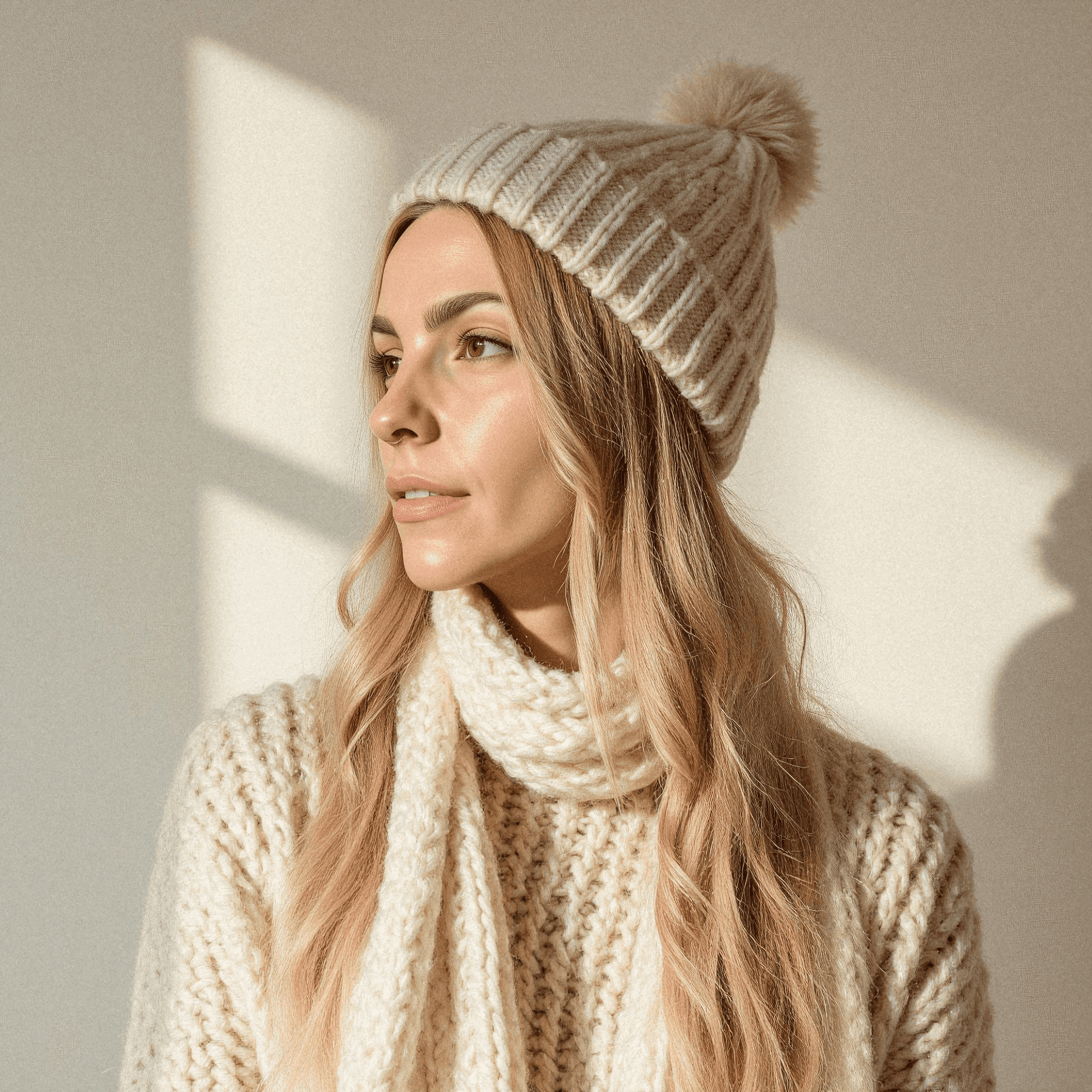 Woman in Cream Knit Outfit with Beanie