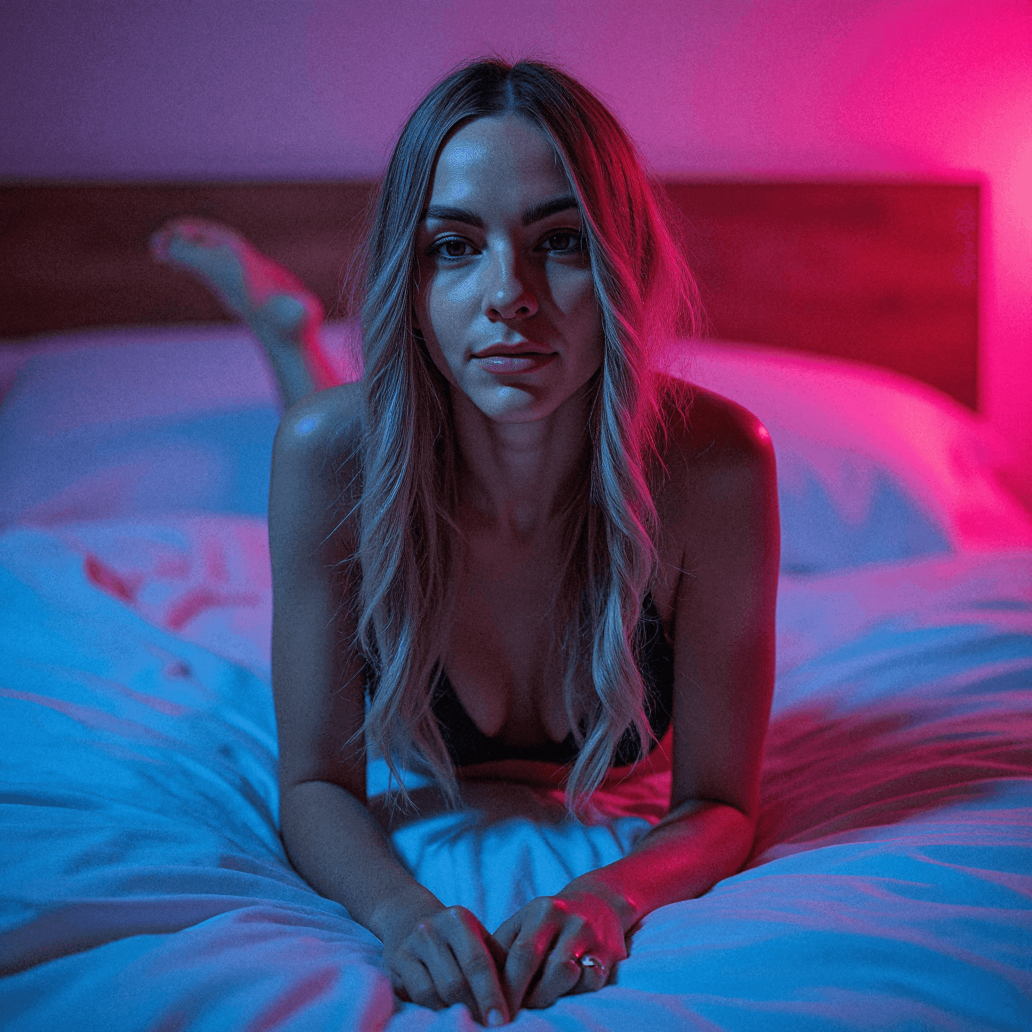 Woman in Black Lingerie on Bed