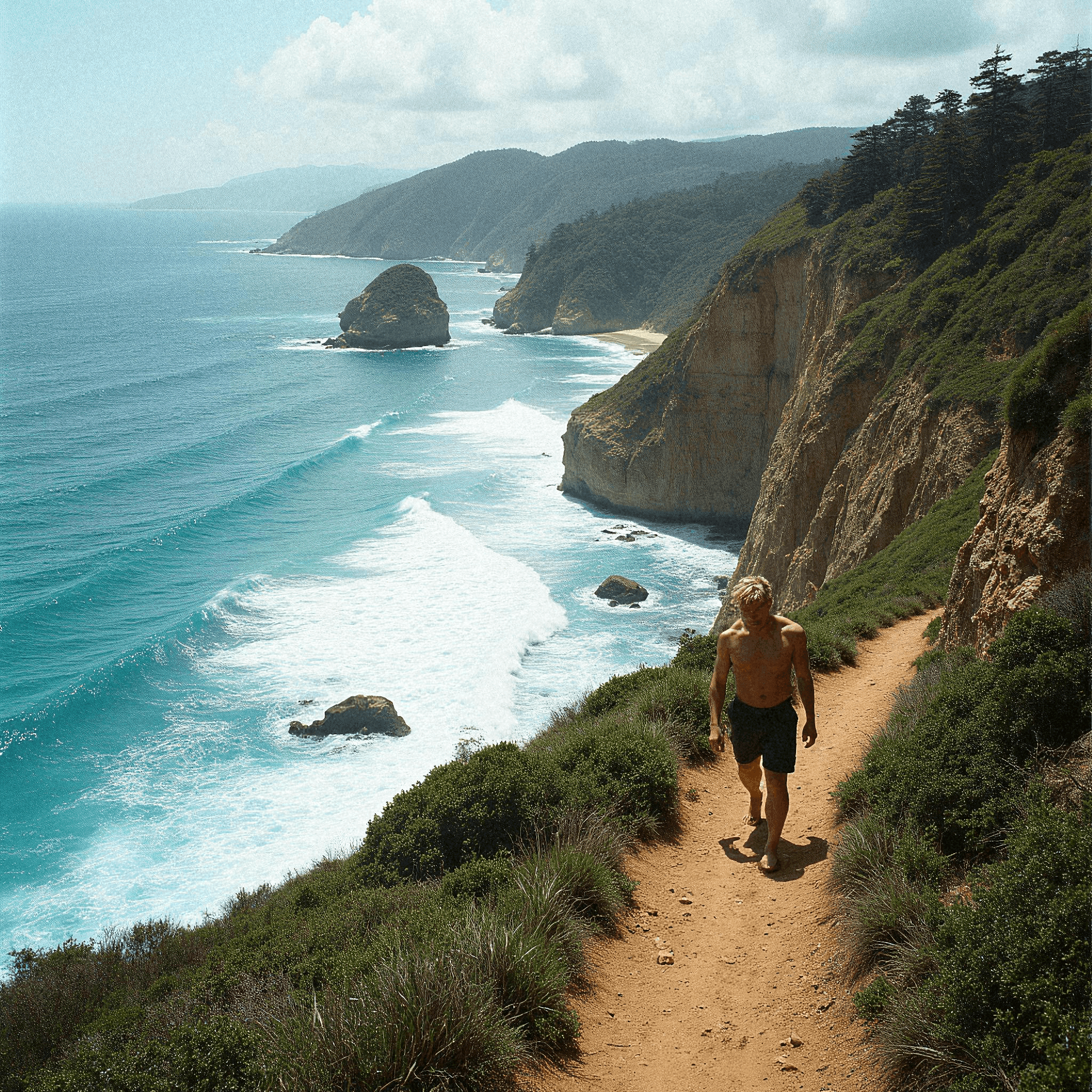 Man hiking along coastal cliffs