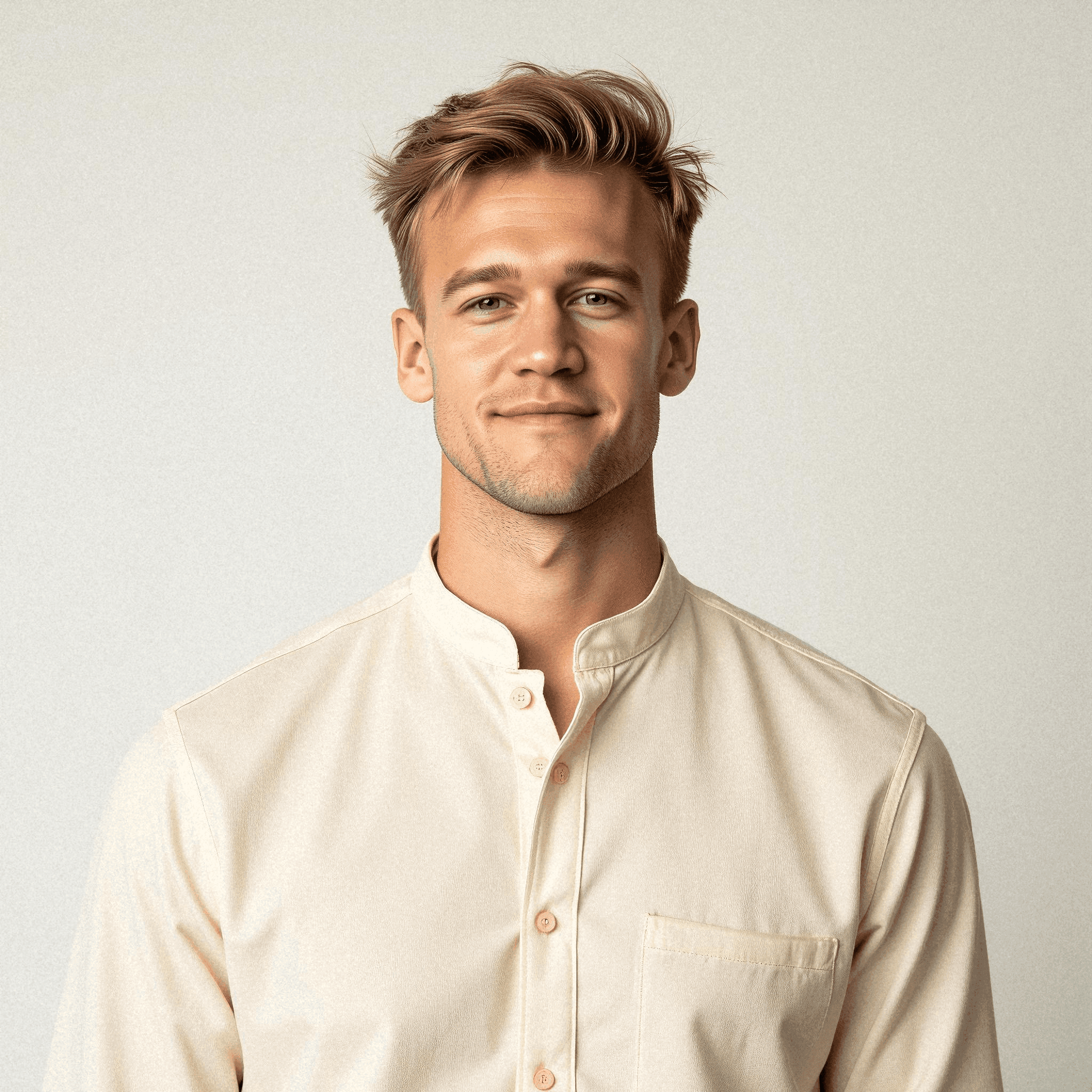 Man in mandarin collar shirt