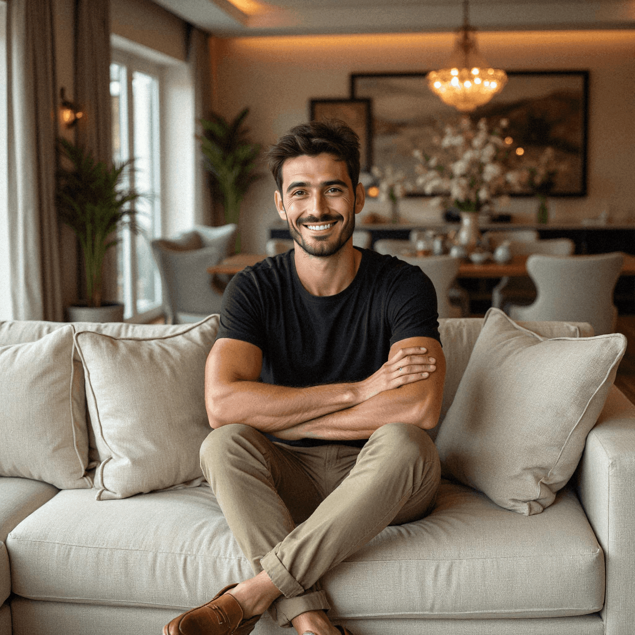 Smiling man relaxing on modern sofa