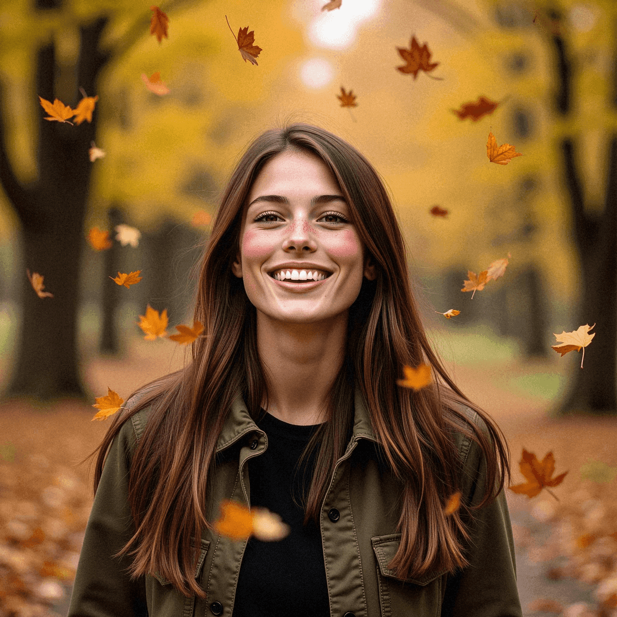 Laughing woman amid falling autumn leaves