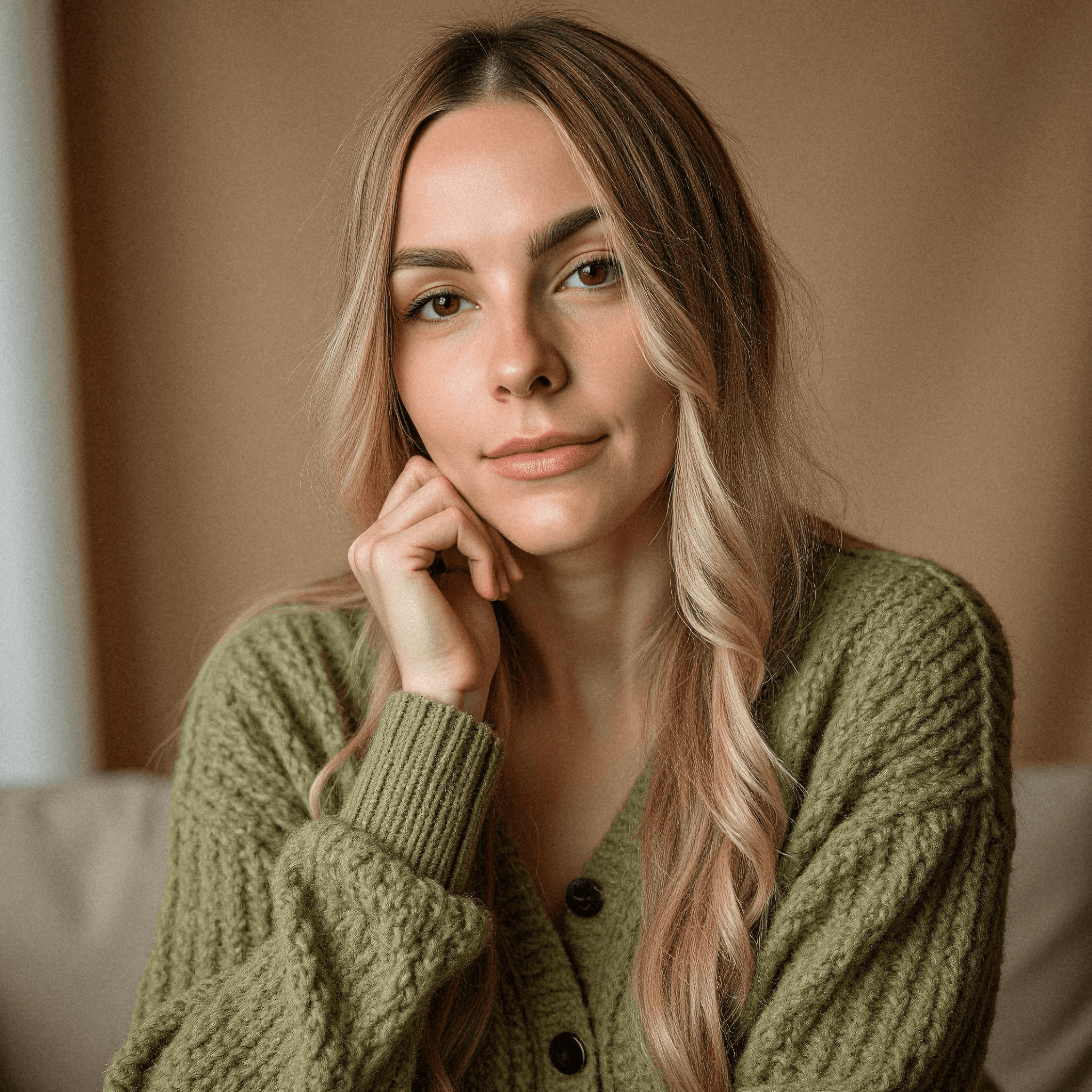 Woman in Moss Green Knit Cardigan
