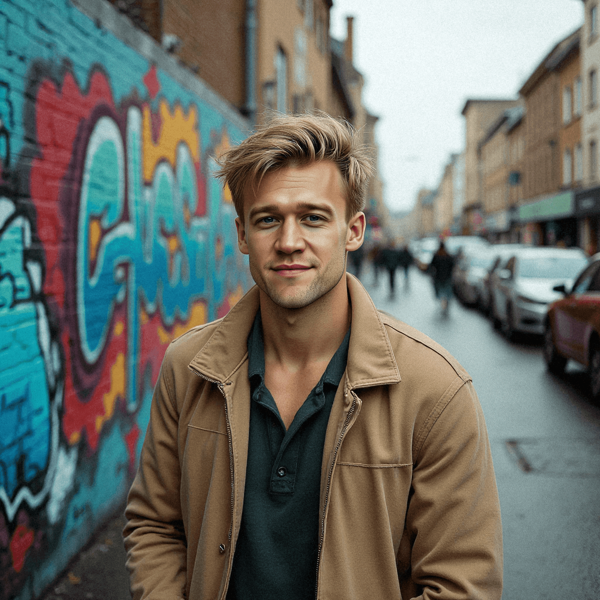 Man strolling past graffiti in cityscape