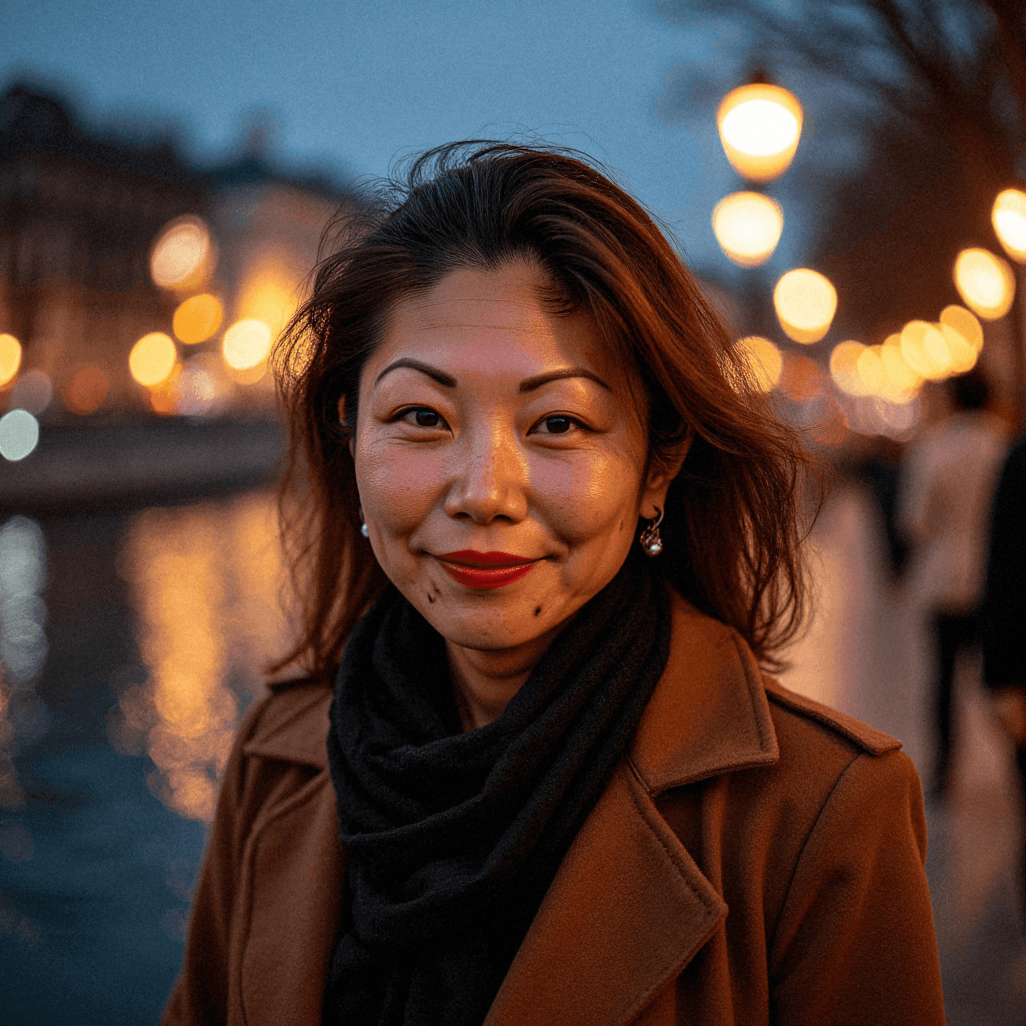 Woman strolling by a Paris river at night