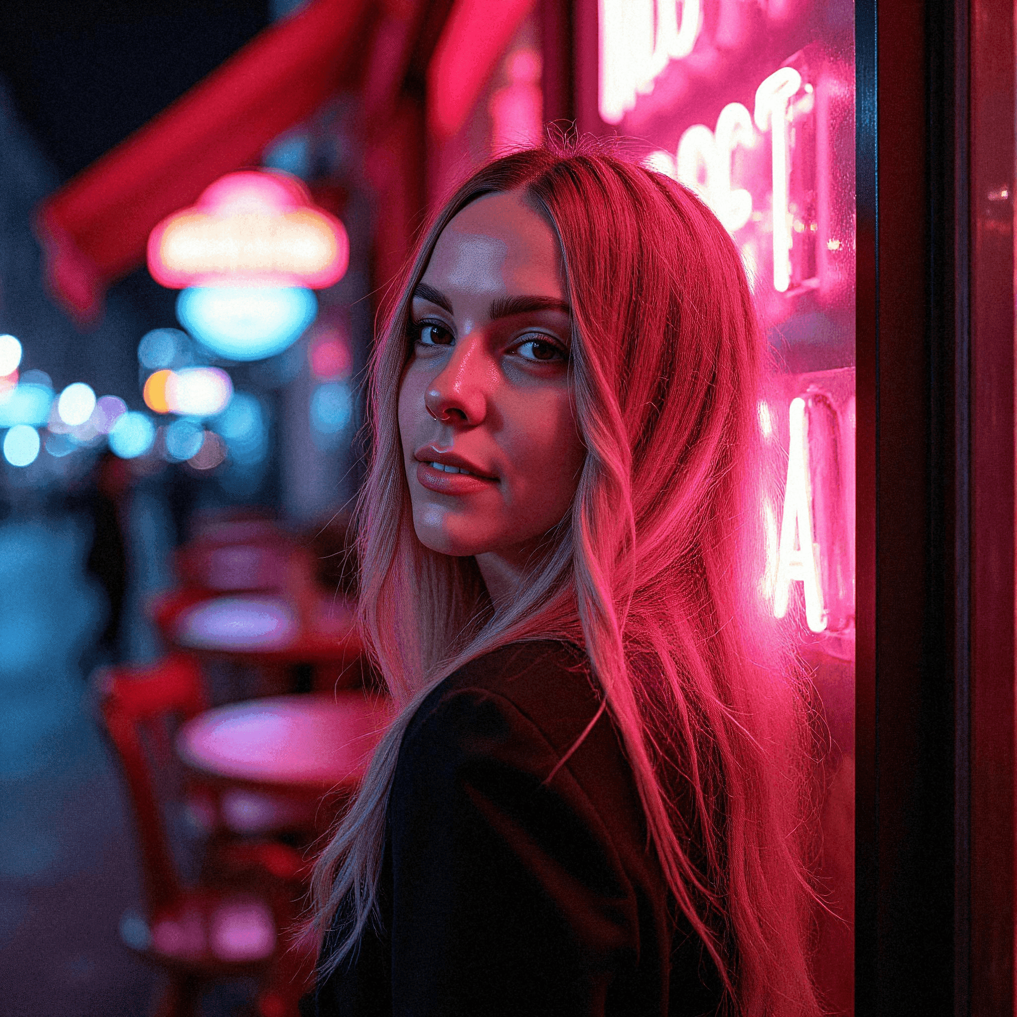 Woman Bathed in Vibrant Neon Glow