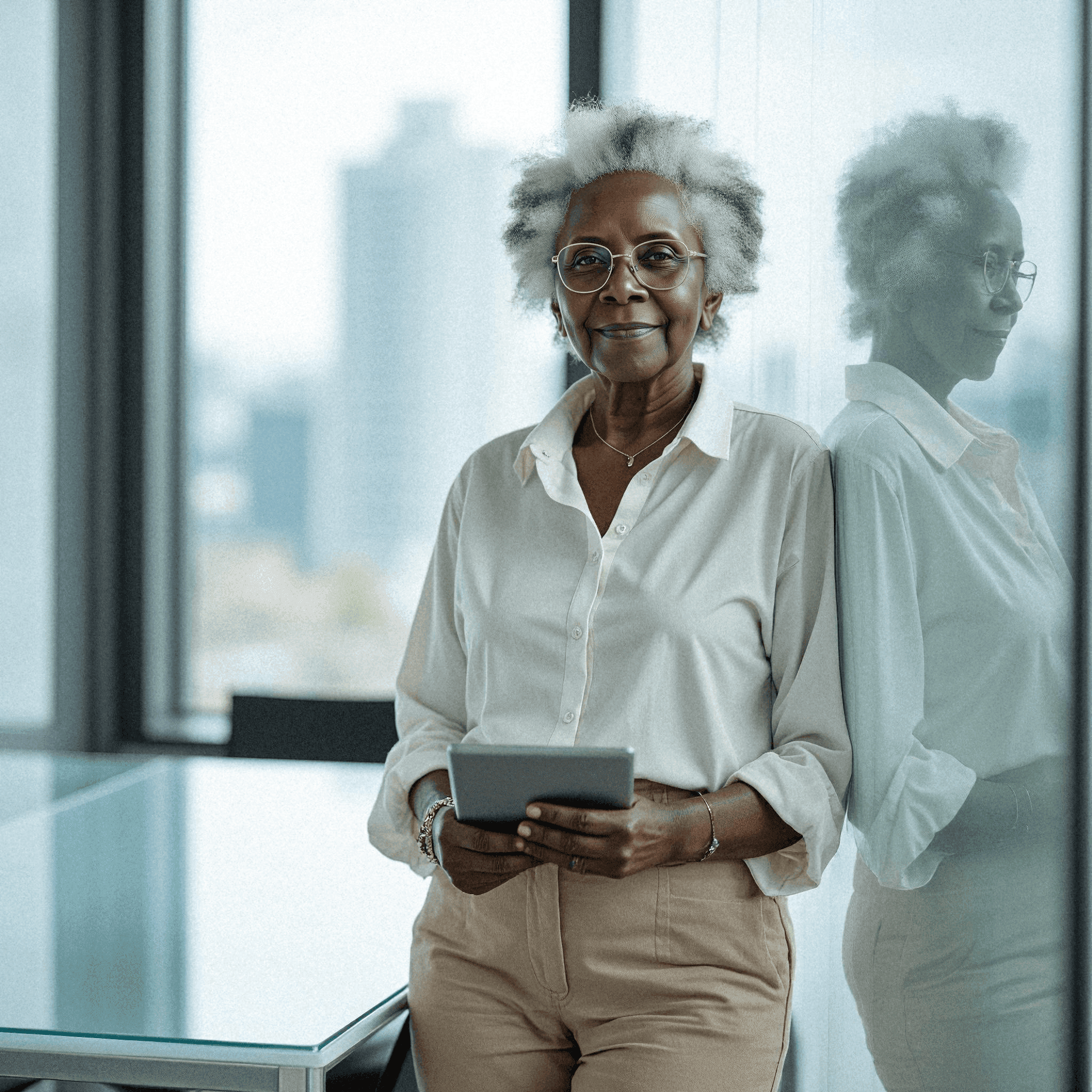 Confident woman leaning in modern office