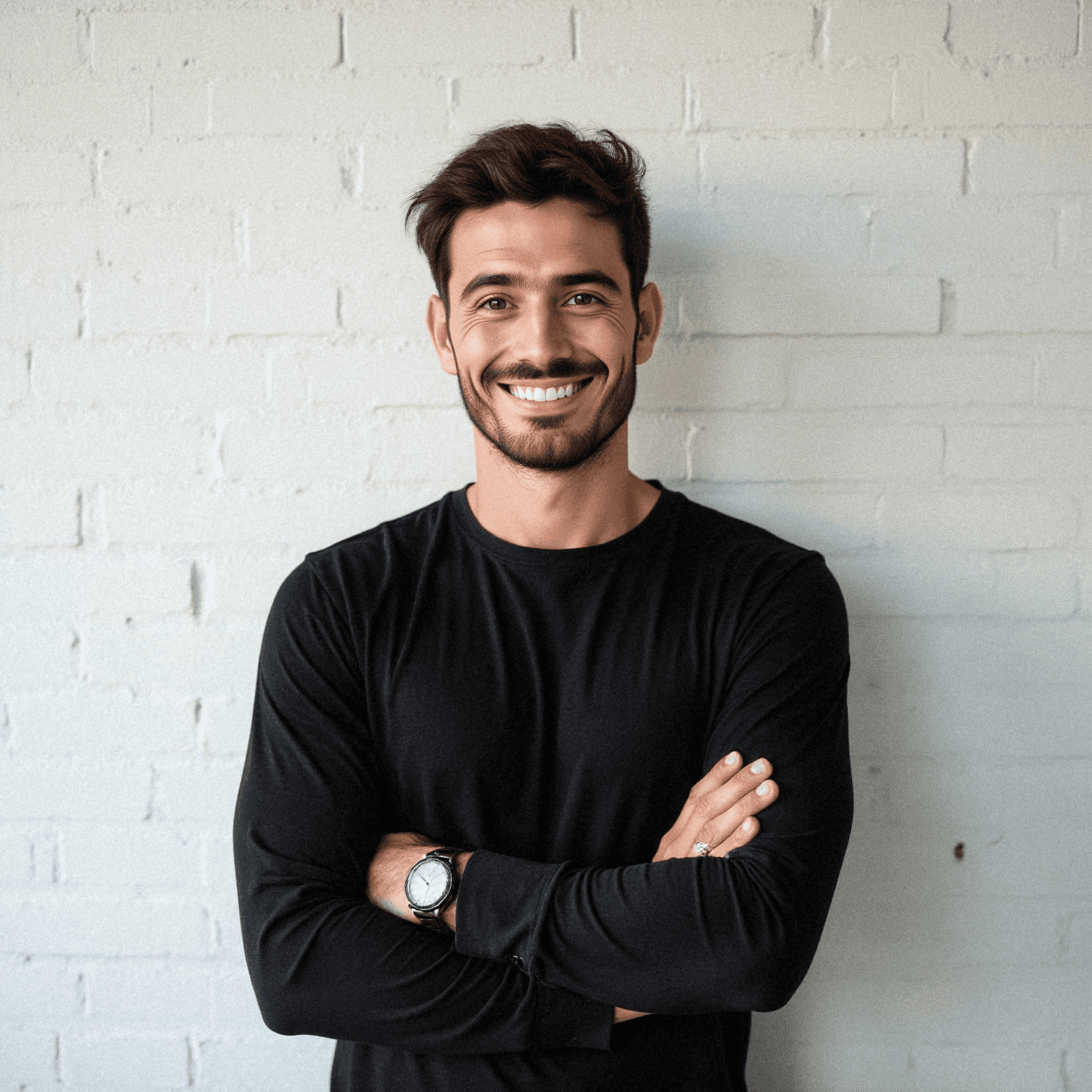 Smiling man in black shirt against wall