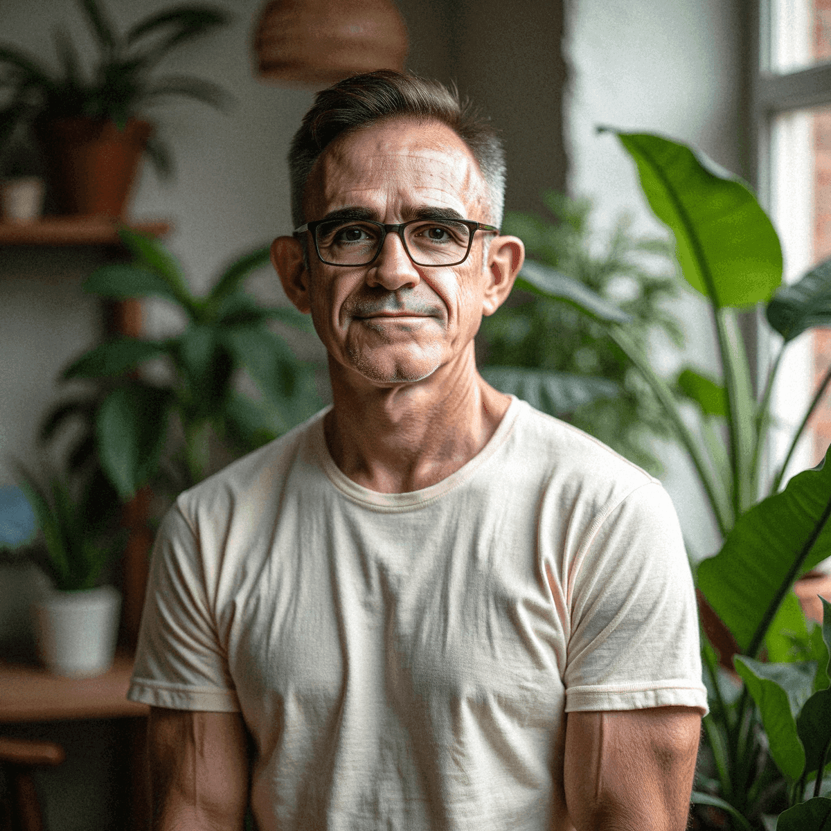 Man in Cozy Plant-Filled Office